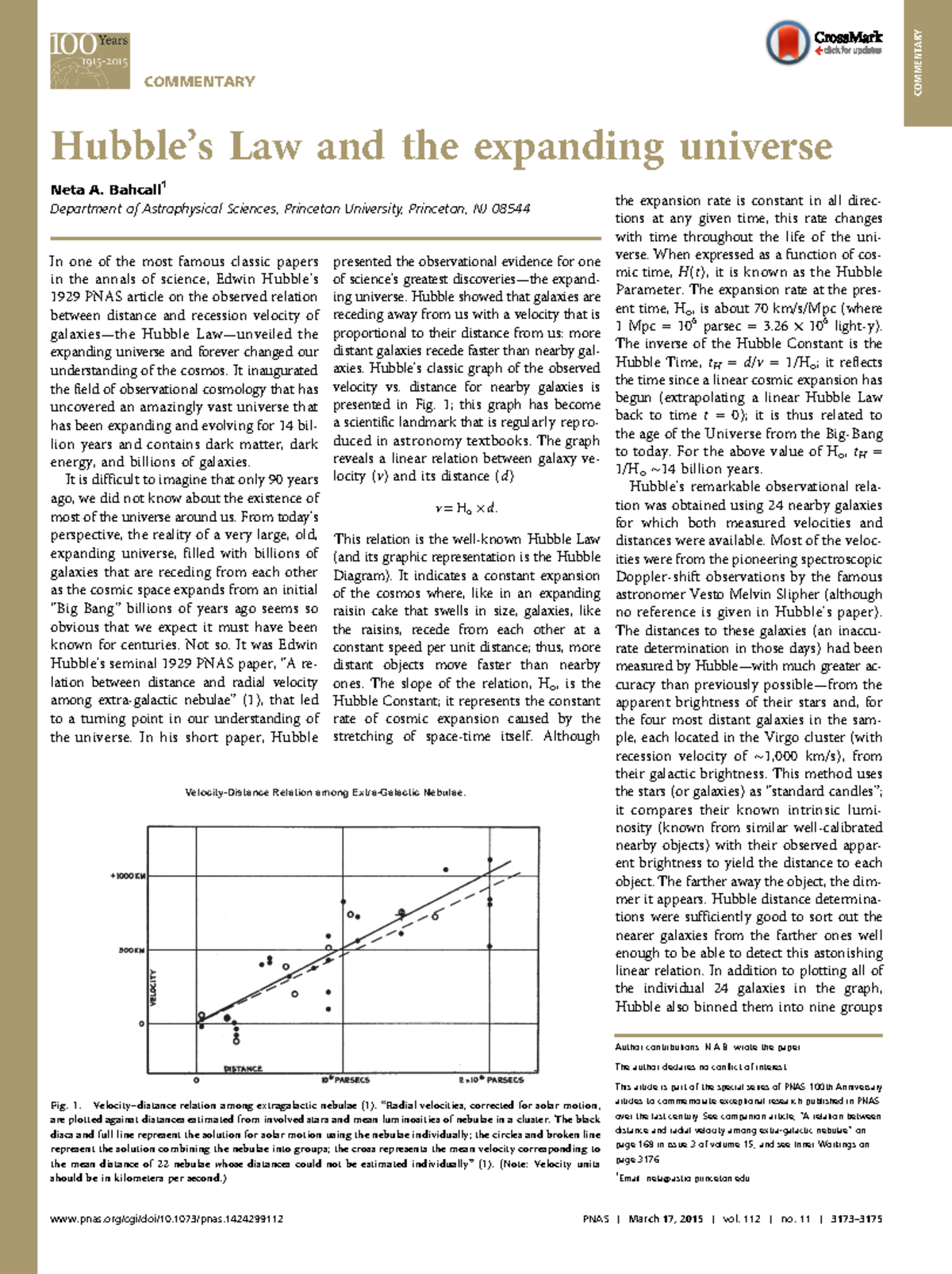 1 Bahcall Hubbles-Law-and-the-expanding-universe - COMMENTARY Hubble’s ...