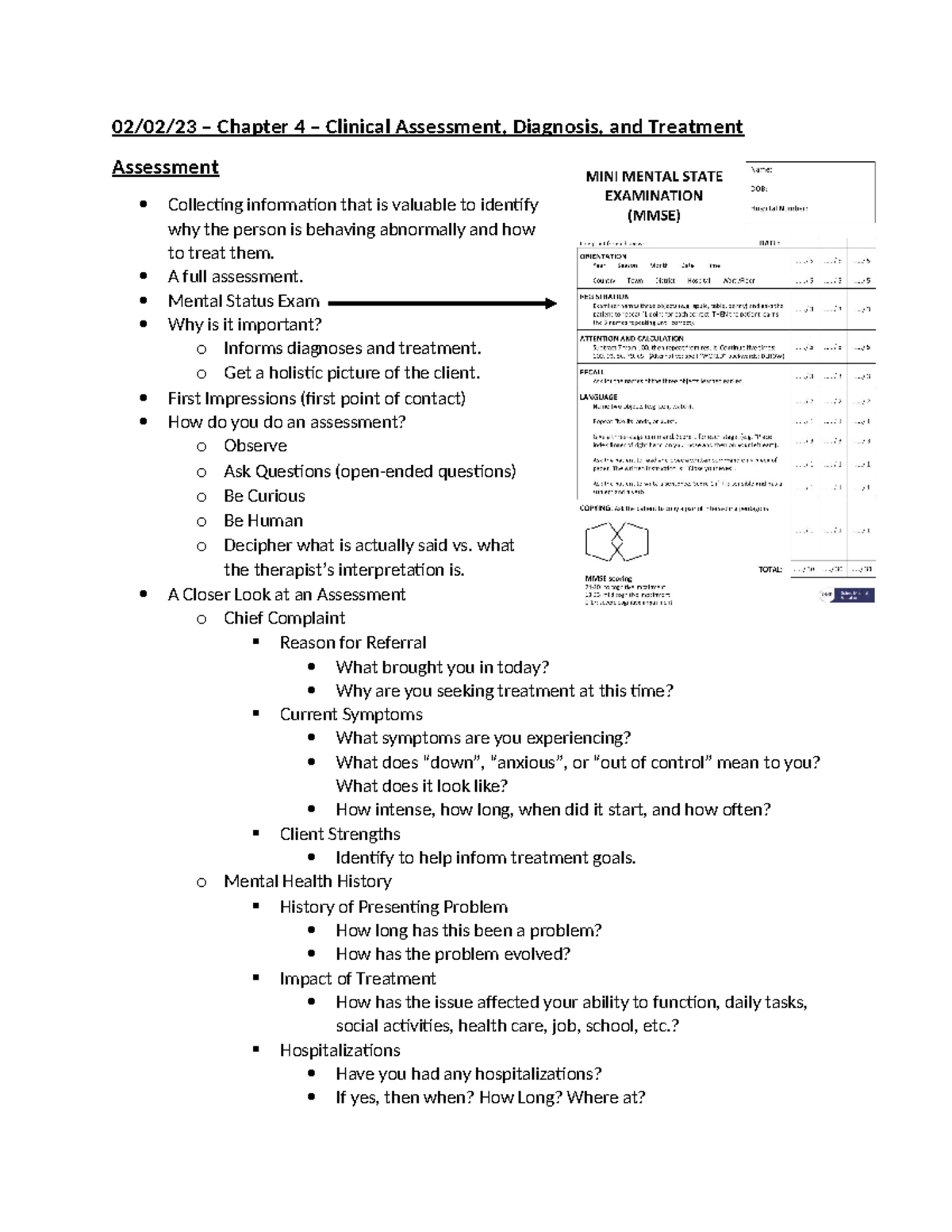 Notes 02-02-23 - 02/02/23 – Chapter 4 – Clinical Assessment, Diagnosis ...