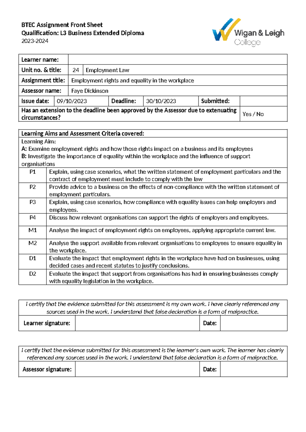 Employment Law Assignment 1 2023-2024 - BTEC Assignment Front Sheet ...