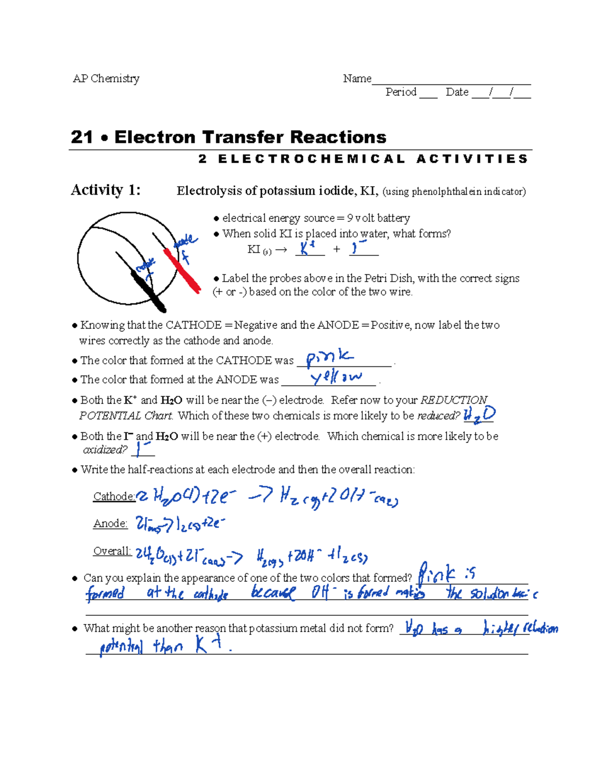 Apch21 Electrolysis+Lab AP Chemistry Name