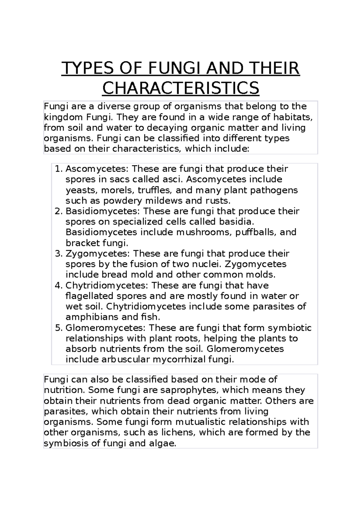 Types OF Fungi AND Their Characteristics - TYPES OF FUNGI AND THEIR ...