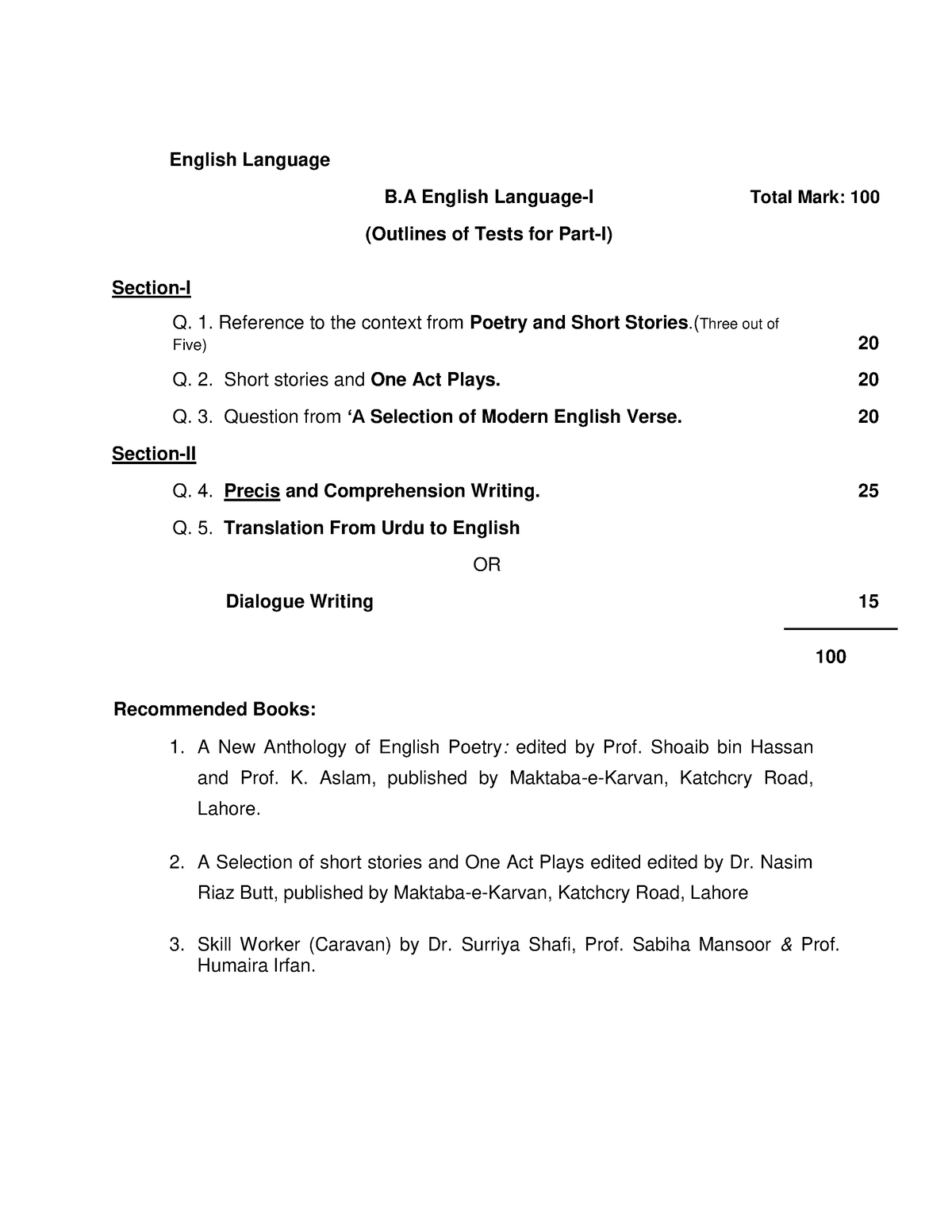 English For BA - English Language B English Language-I Total Mark: 100 ...