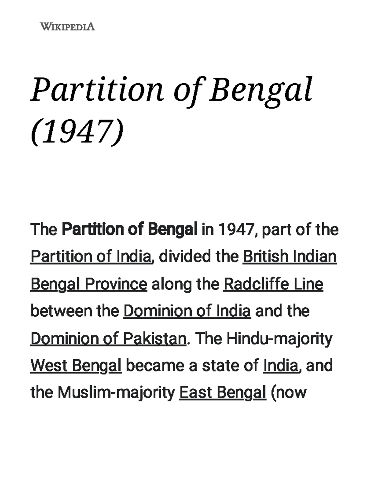 Partition Of Bengal (1947) - Partition Of Bengal (1947) The Pa R Titio ...