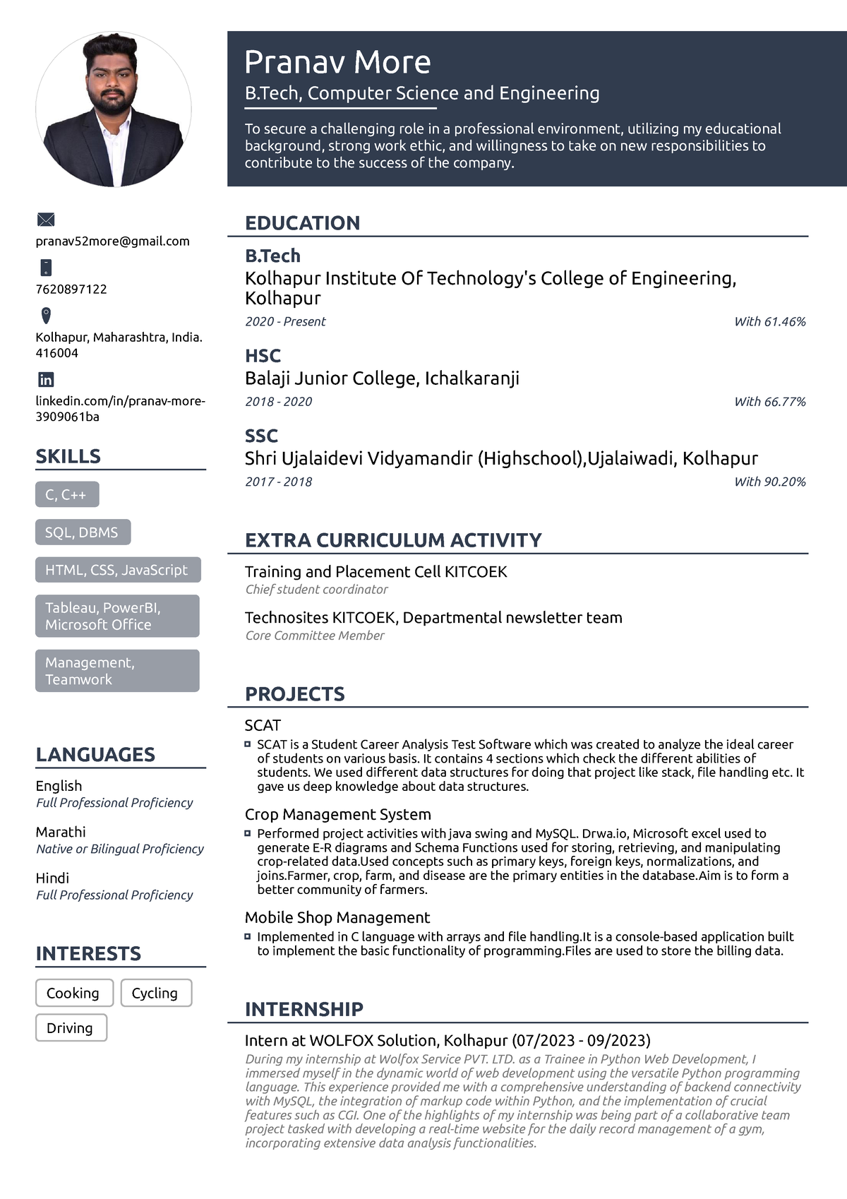 Resume Pranav More - Pranav More B, Computer Science And Engineering To ...