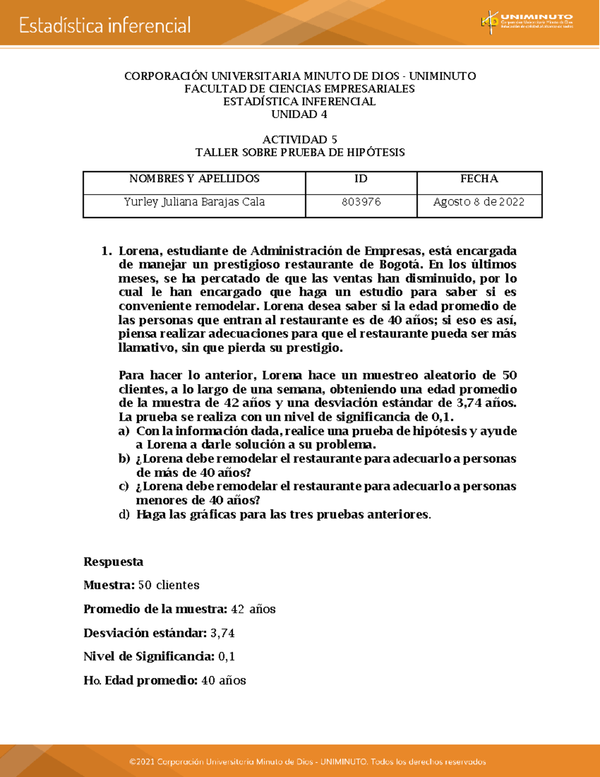 Actividad 5 Taller Sobre Prueba DE Hipótesis - CORPORACI”N ...