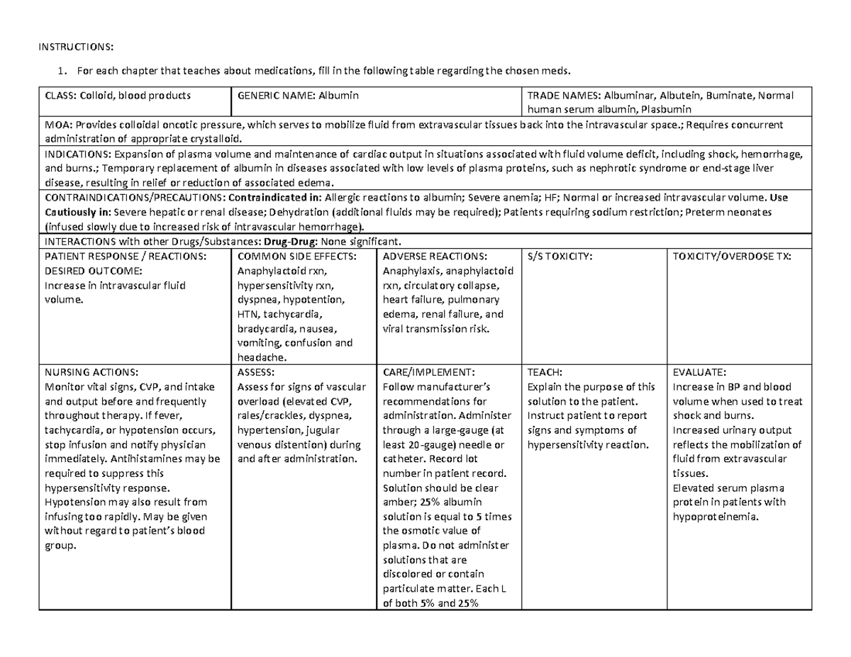 Albumina Med Card - Instructions: For Each Chapter That Teaches About 