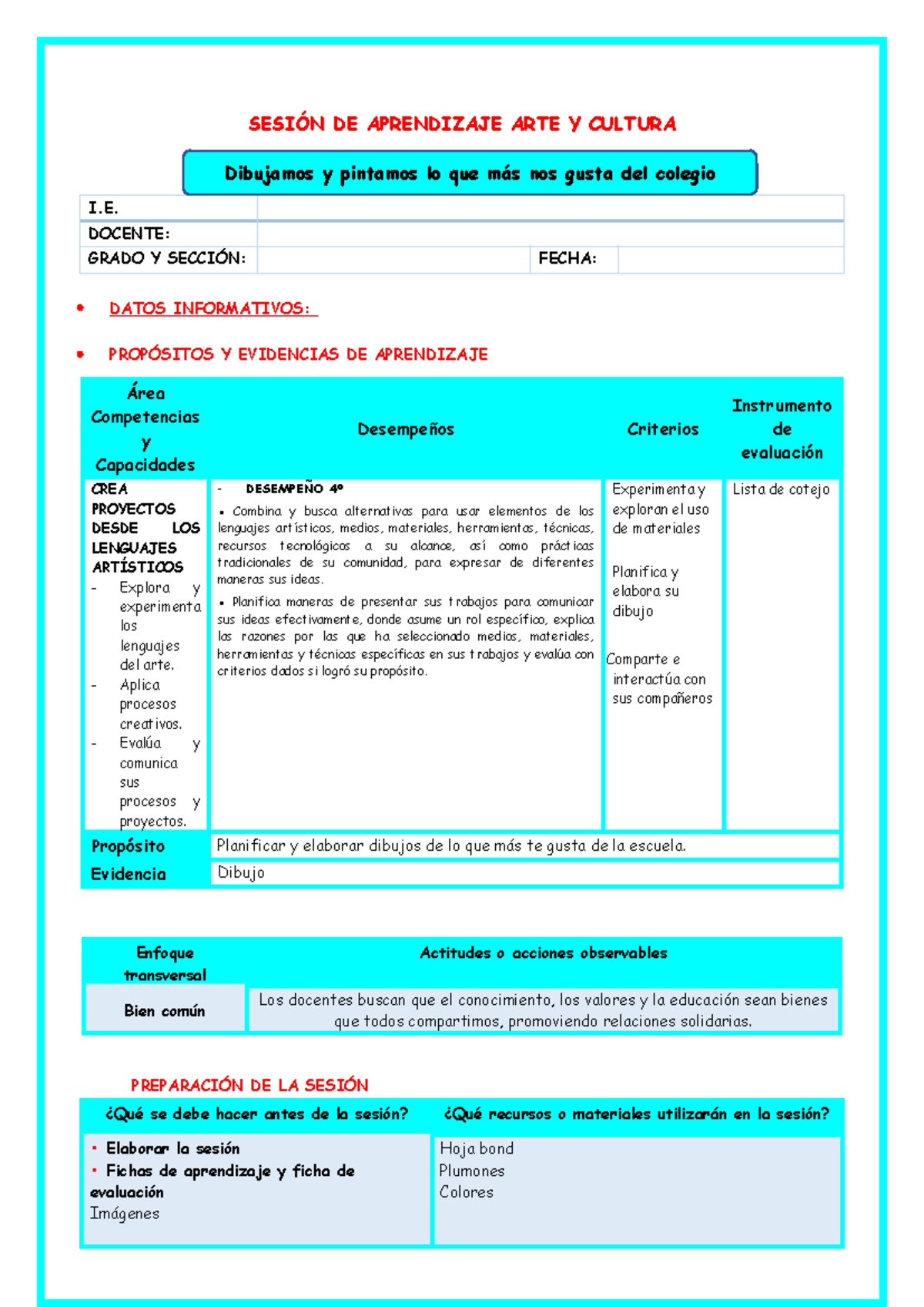 Arte y Cultura 2024 - SESIÓN DE APRENDIZAJE ARTE Y CULTURA I. DOCENTE ...