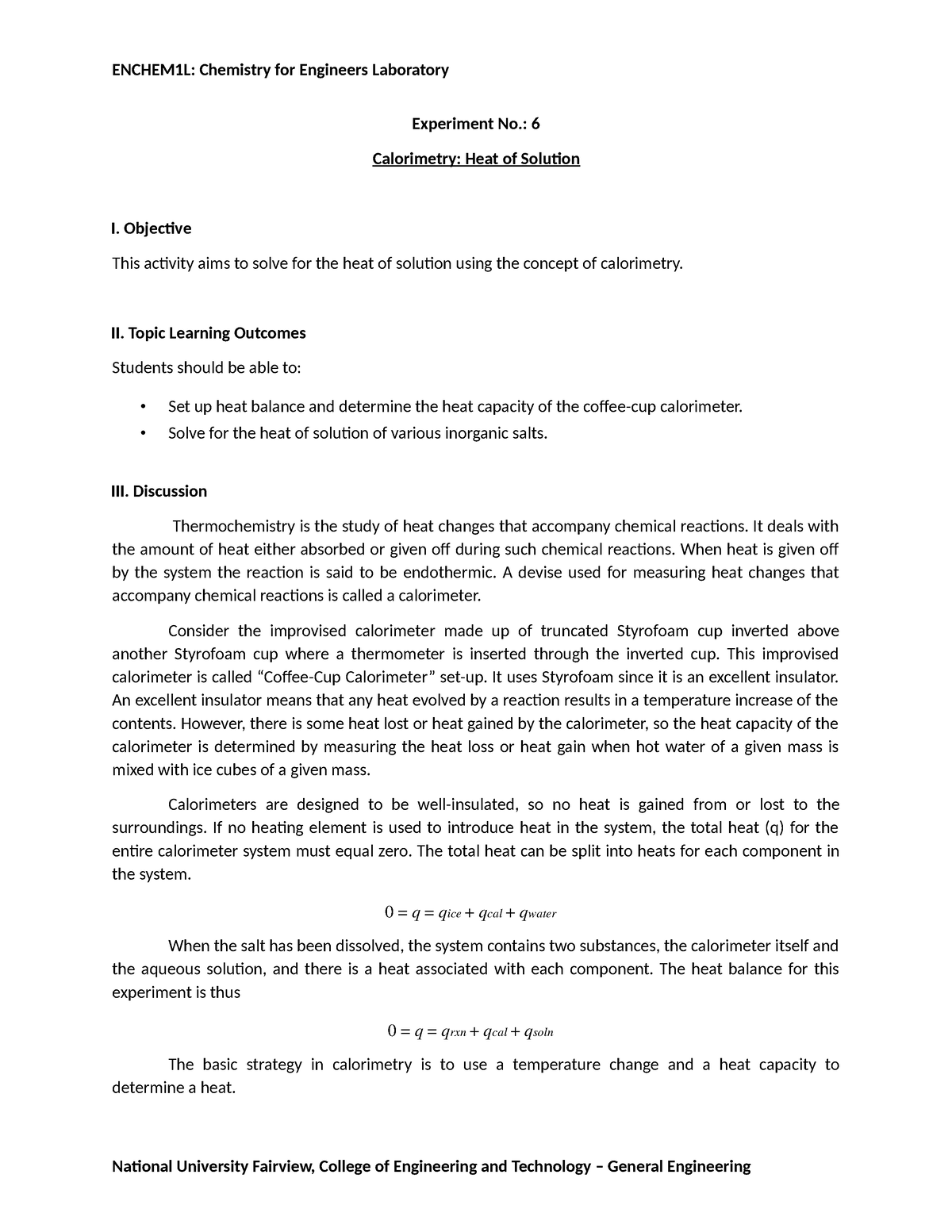 precautions in calorimeter experiment