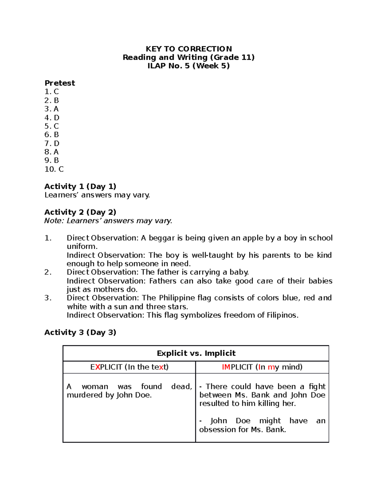 RWS G11 KEY TO Correction (ILAP No. 5 Week 5) KEY TO CORRECTION