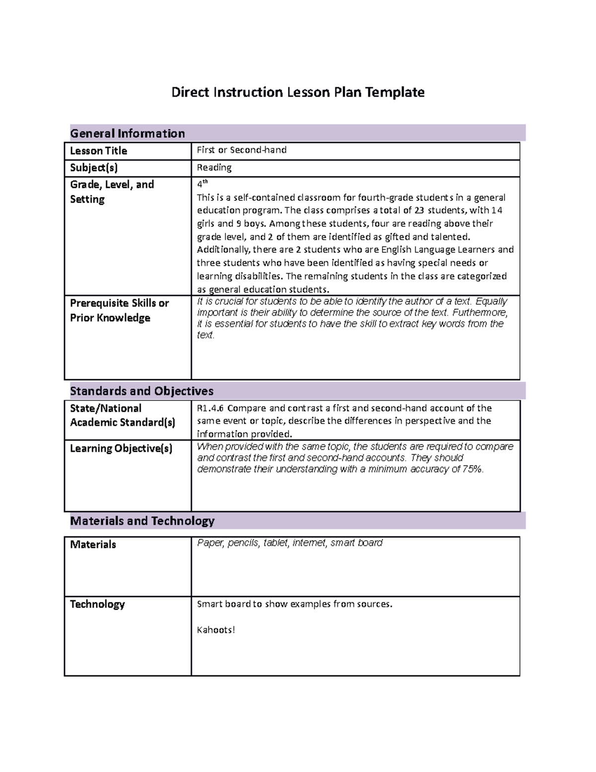 C909 task 1 attempt 4 - task 1 - Direct Instruction Lesson Plan ...