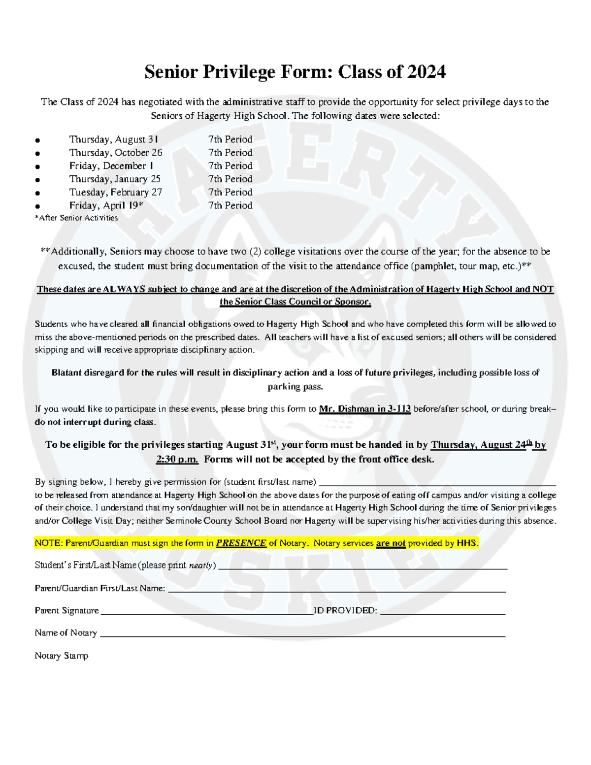 Senior Privilege Form Forms Senior Privilege Form Class of 2024