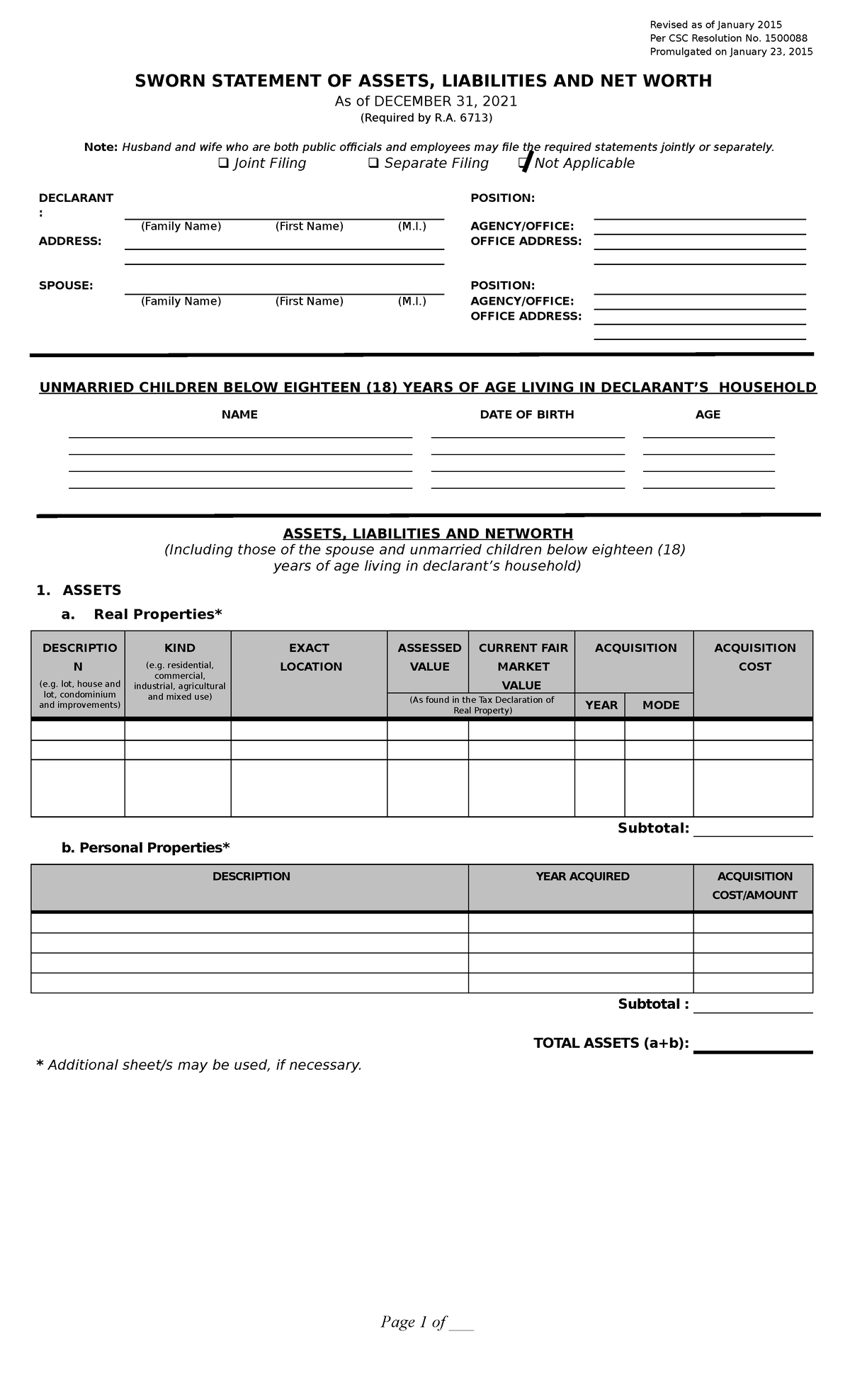 SALN Form FOR 2021 blank - Revised as of January 2015 Per CSC ...