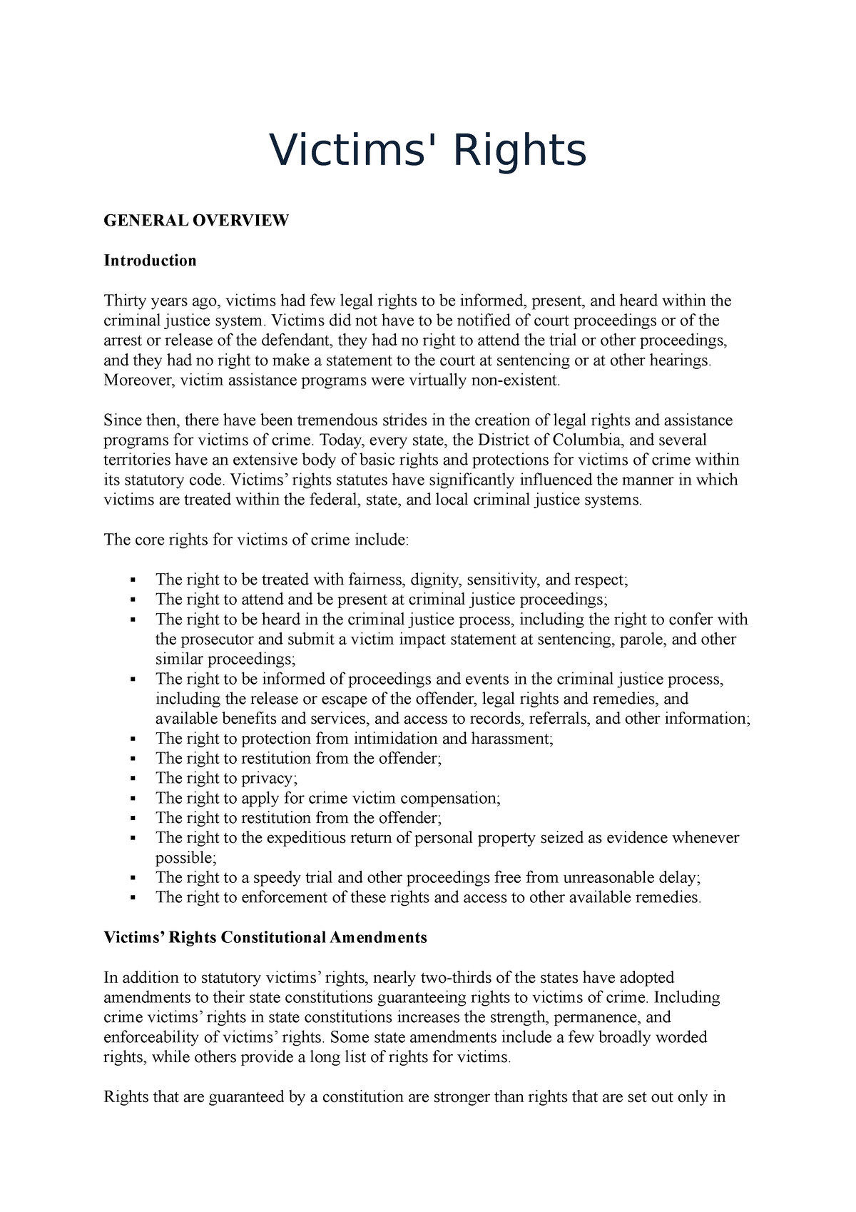 Victim Rights - Notes - Victims' Rights GENERAL OVERVIEW Introduction ...