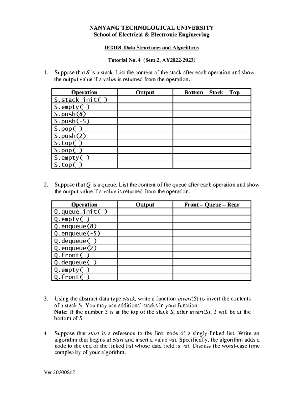 IE2108 Tutorial No 04 - Ver 20200812 NANYANG TECHNOLOGICAL UNIVERSITY ...