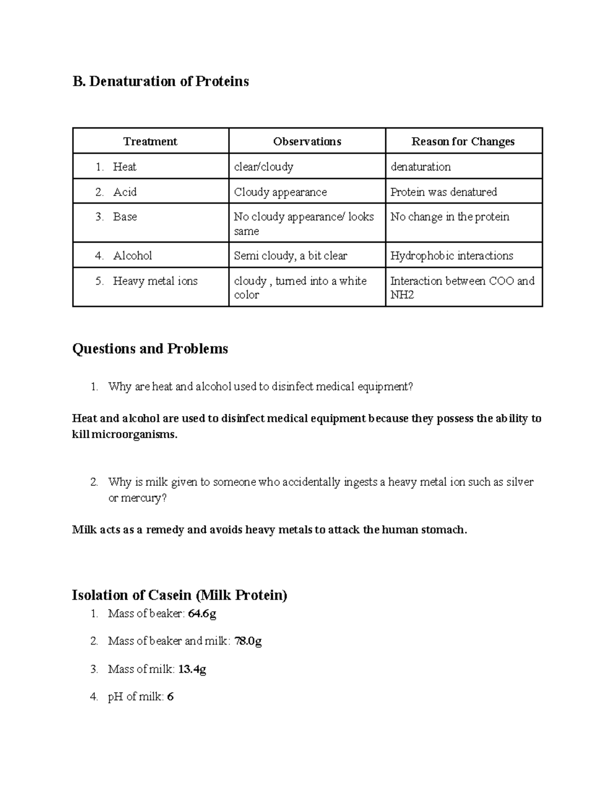 Peptides and Proteins Report Sheet B. Denaturation of Proteins Treatment Observations Reason