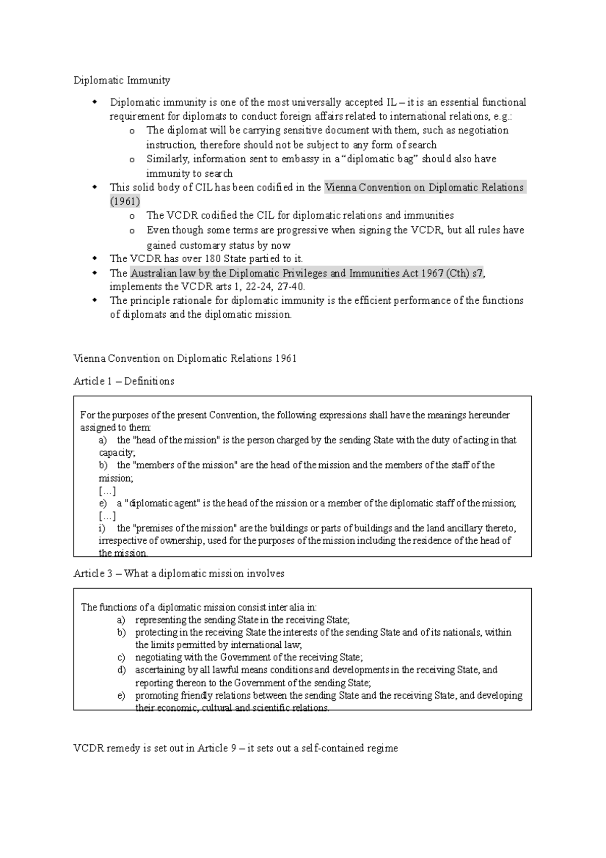 Diplomatic Immunity notes - Diplomatic Immunity Diplomatic immunity is ...