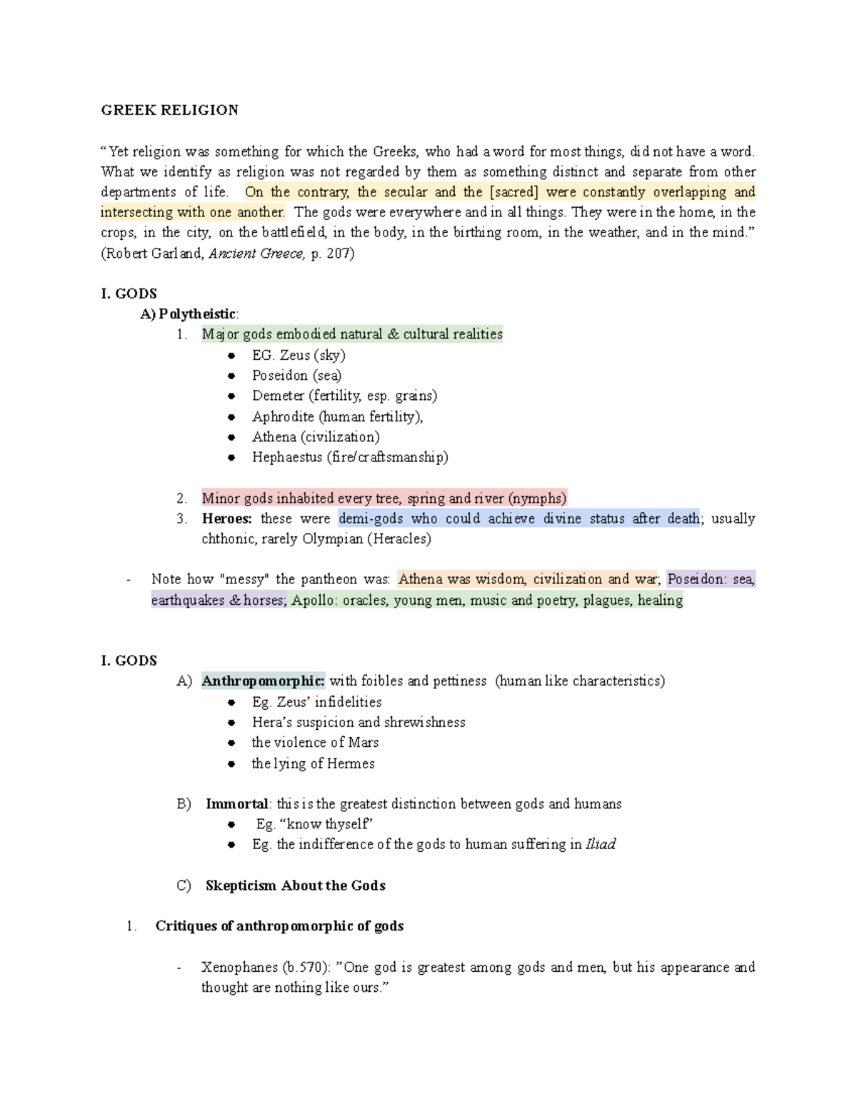 1-1 - Lecture notes for class/ - GREEK RELIGION “Yet religion was ...