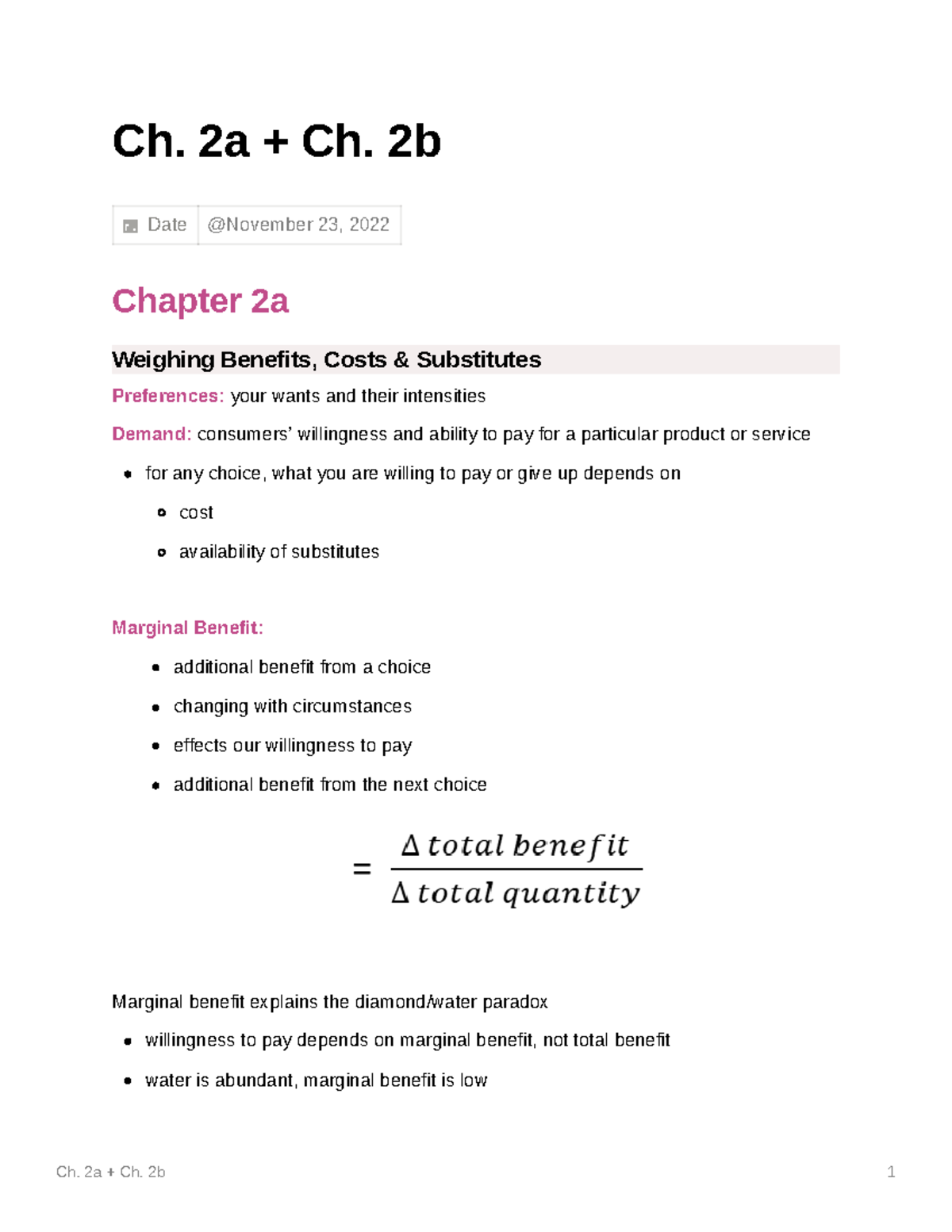 ECN 104 - Ch 2 Notes - Ch. 2a + Ch. 2b Date Chapter 2a Weighing ...