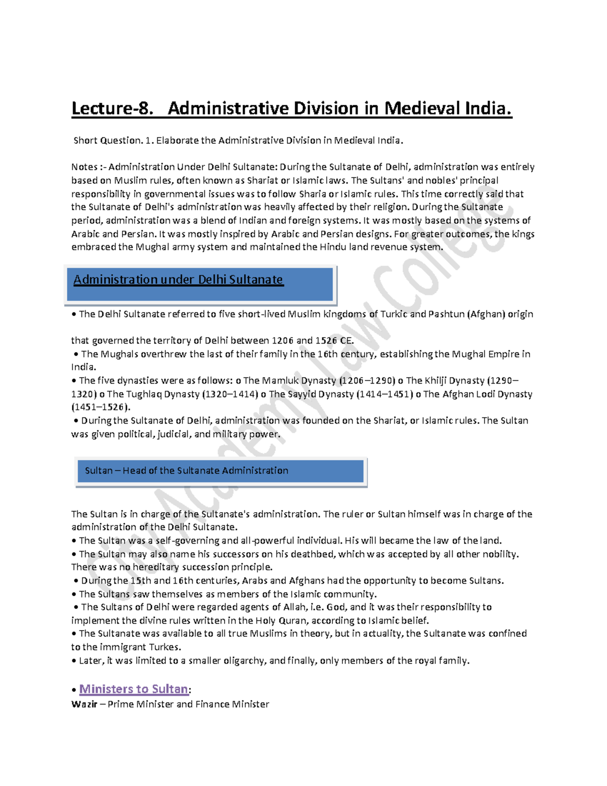 Descriptive notes on administration in medieval India - Lecture-8 ...