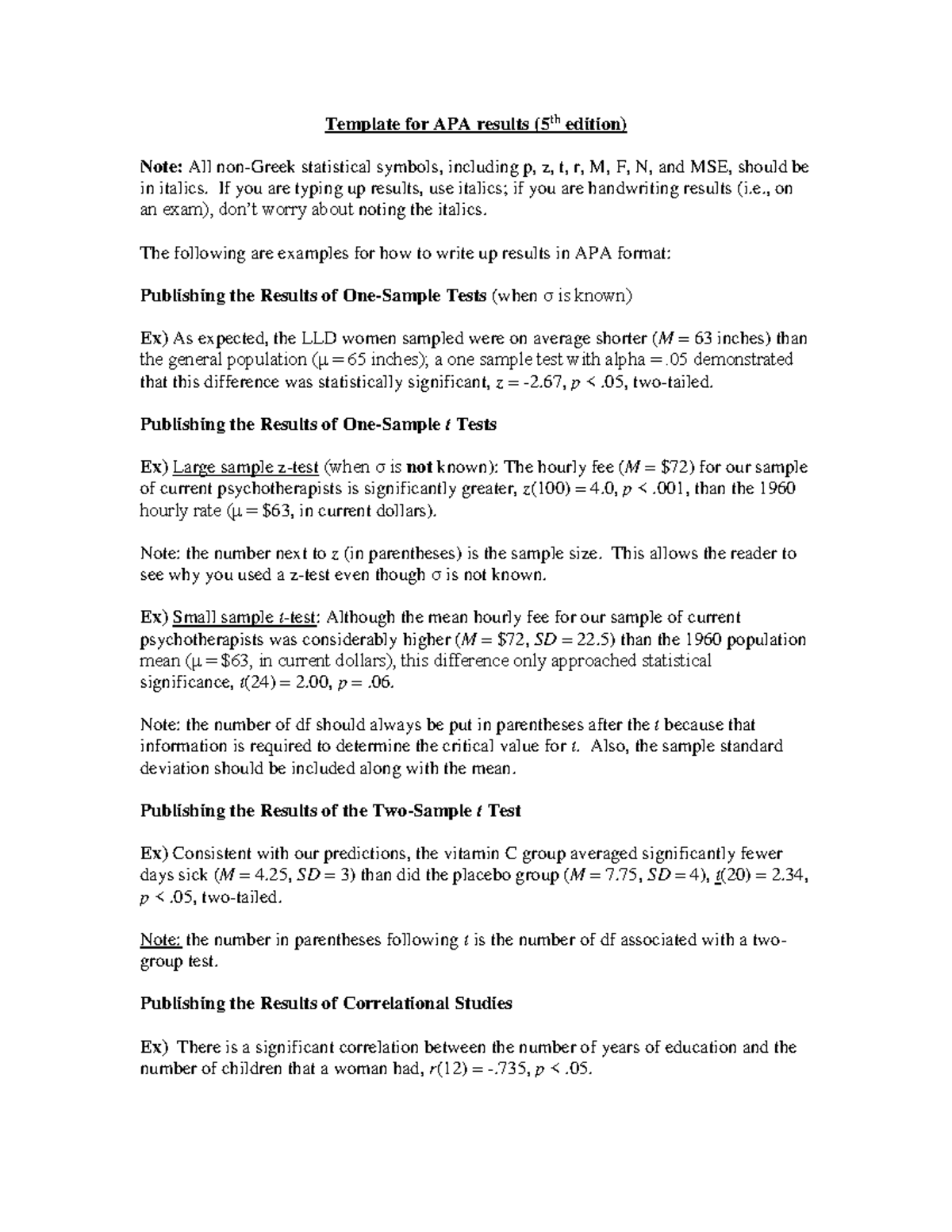 Apa Template 2 How To Report Results In Apa Format Depending On The Statistical Test Studocu