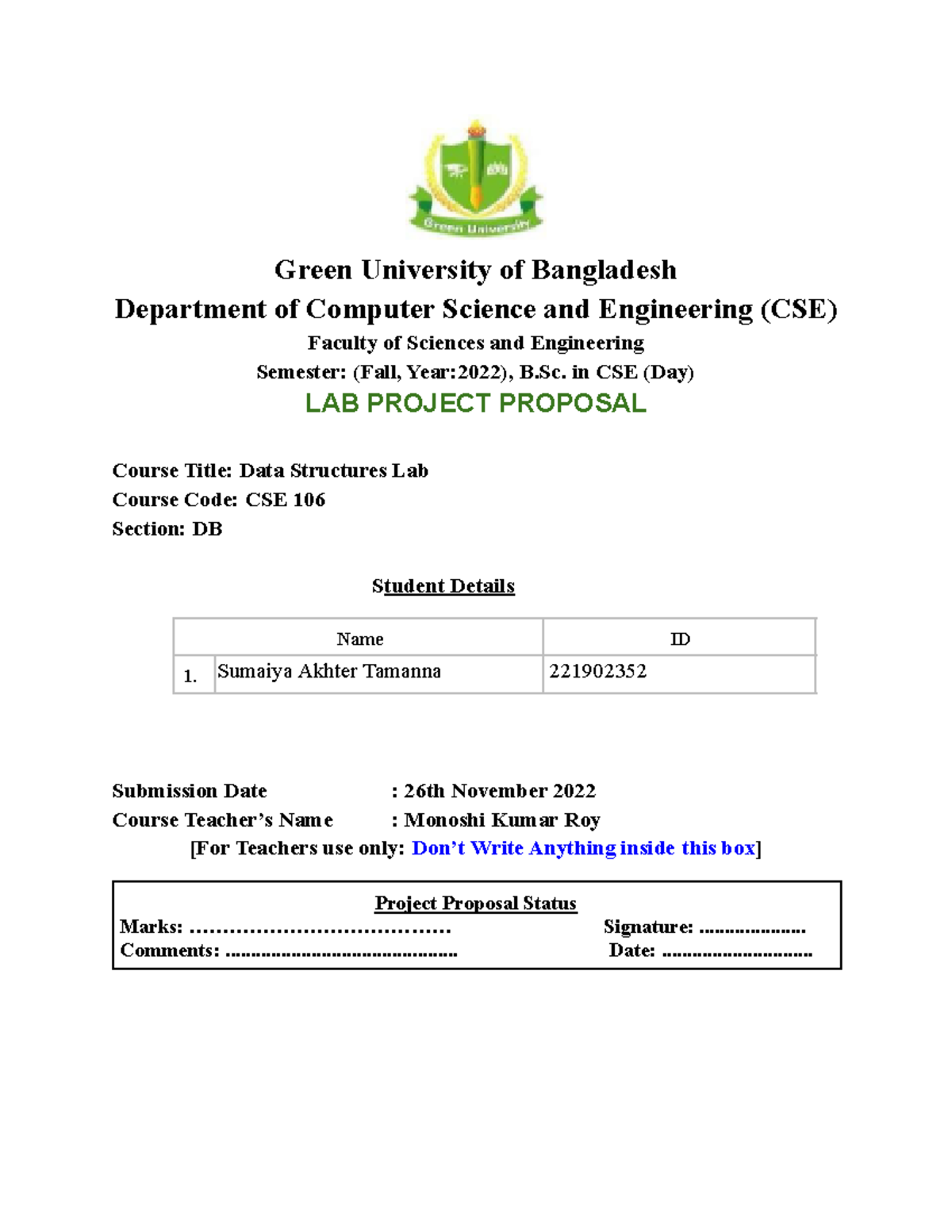 221902352 Lab Project Proposal - Green University of Bangladesh ...