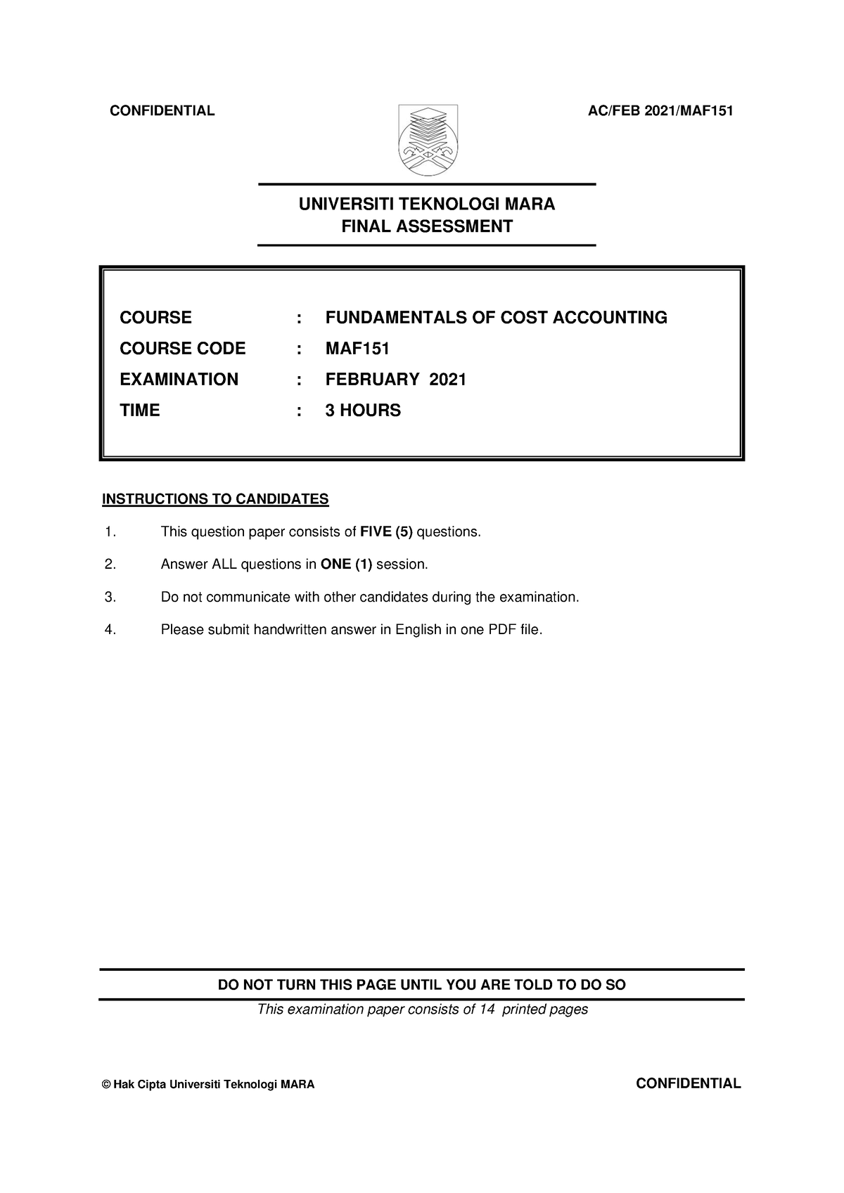 Past Year Question Feb2021 - Universiti Teknologi Mara Final Assessment 