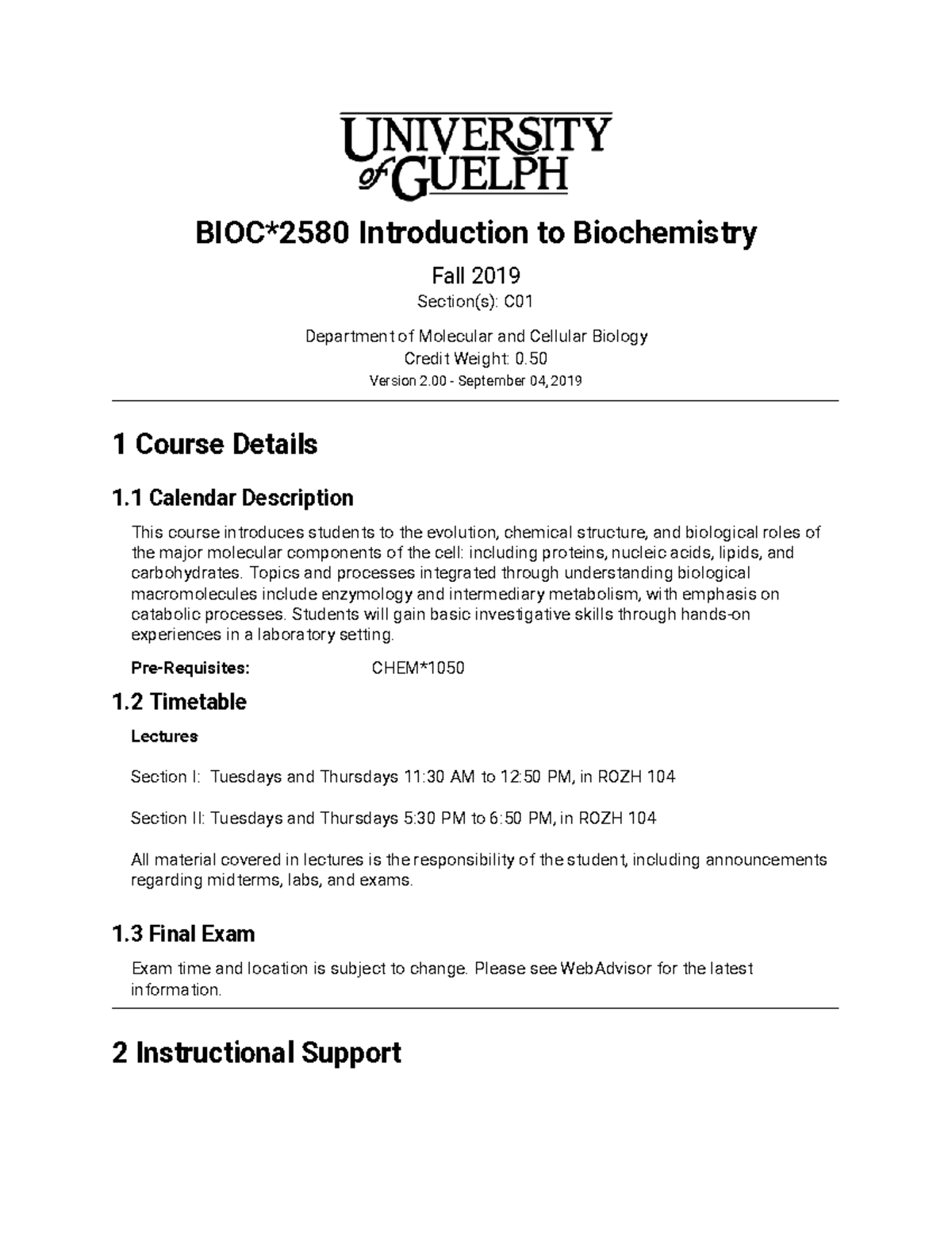 Course Outline - Dr. W - BIOC*2580 Introduction To Biochemistry Fall ...