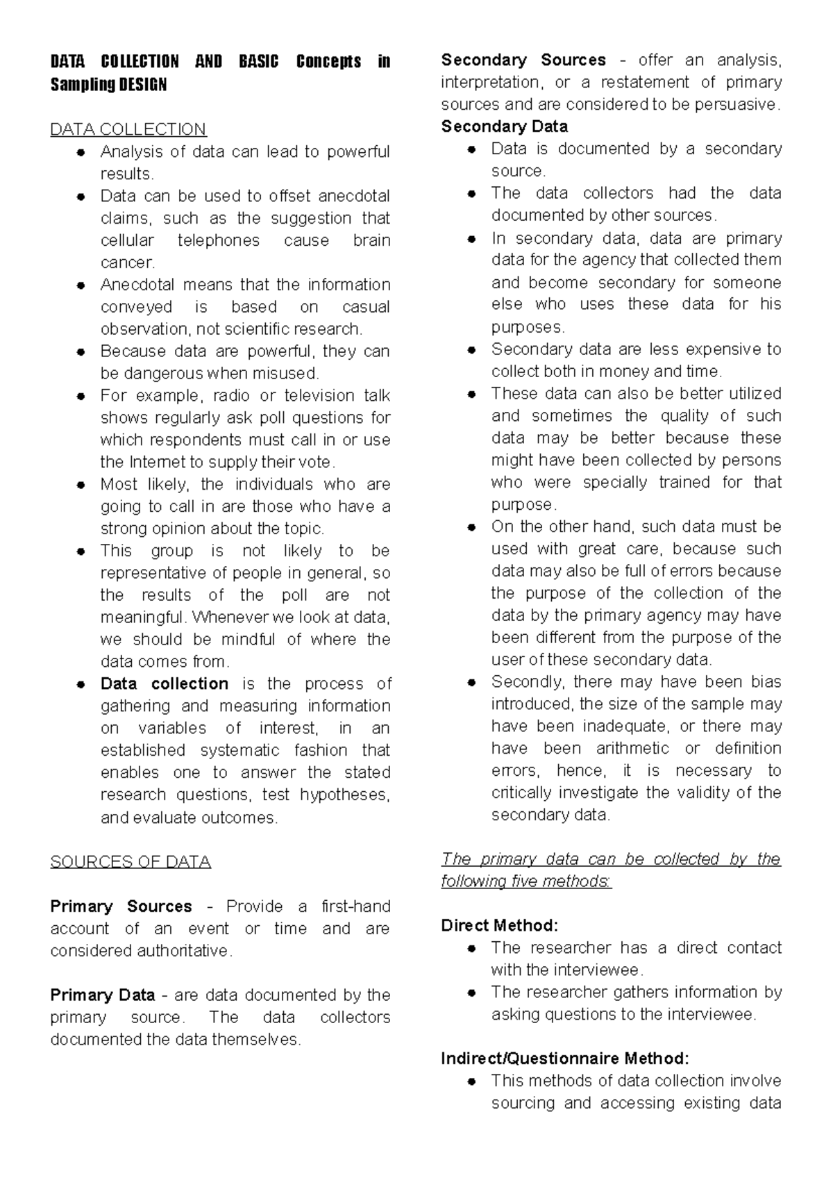 DATA Collection AND Basic Concepts in Sampling Design - DATA COLLECTION ...