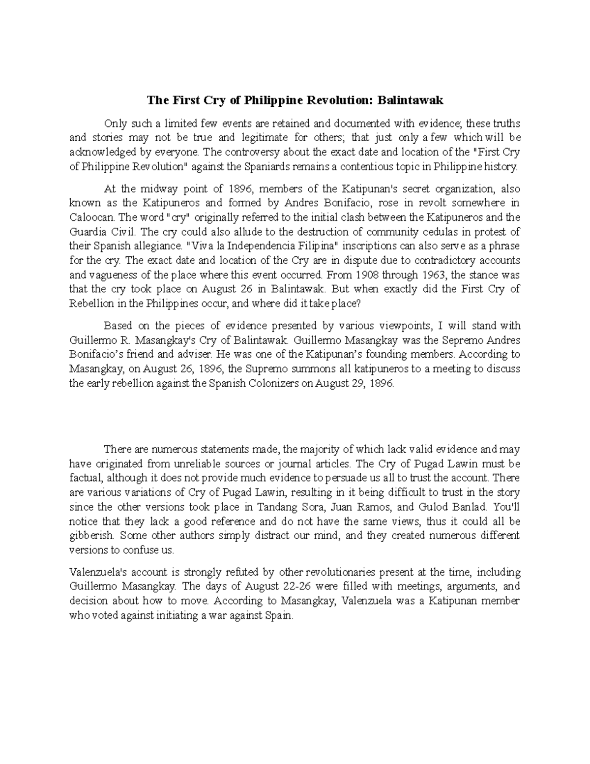 Position Paper - Cry Of Balintawak - The First Cry Of Philippine ...