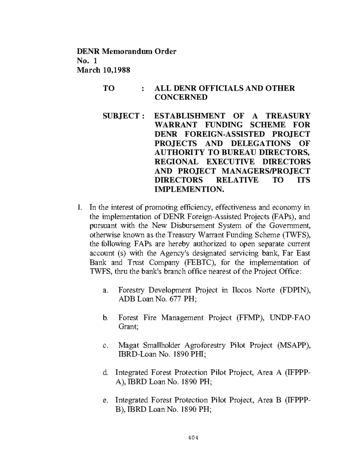 Establishment of a Treasury Warrant Funding Scheme for DENR Foreign ...