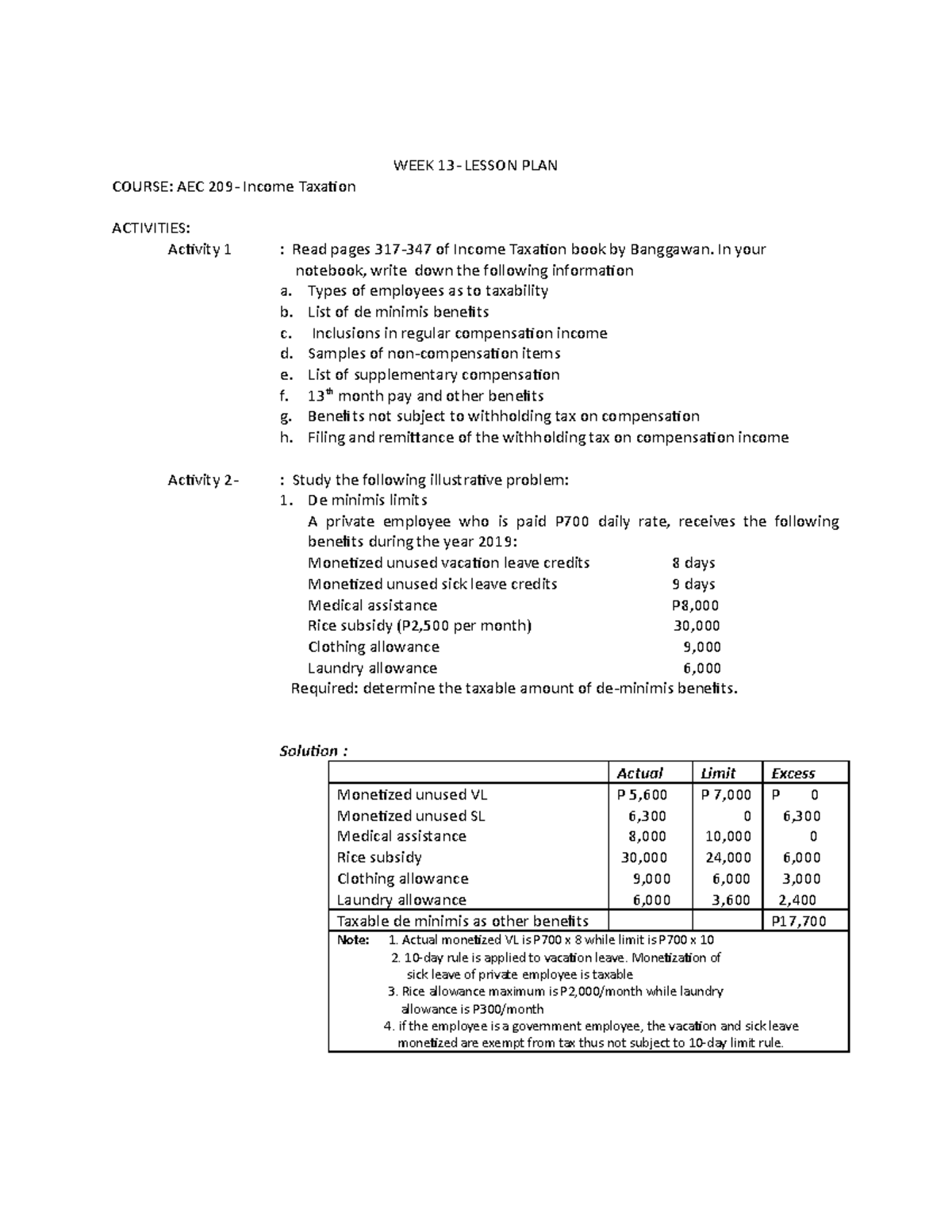 AEC-209 - Income Taxation - WEEK 13- LESSON PLAN COURSE: AEC 209 ...