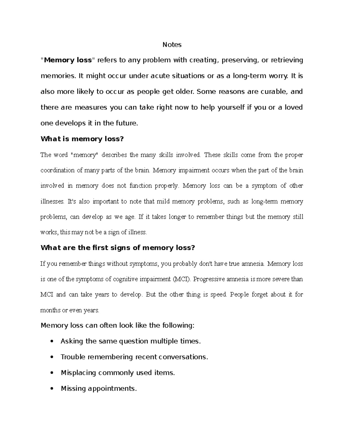 Memory Loss notes - Notes 