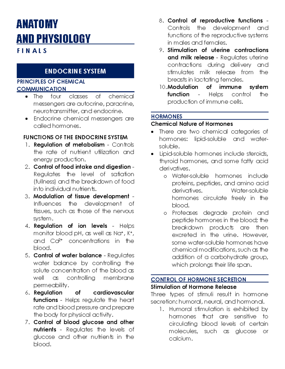 Anaphy Finals - ANATOMY AND PHYSIOLOGY F I N A L S ENDOCRINE SYSTEM ...