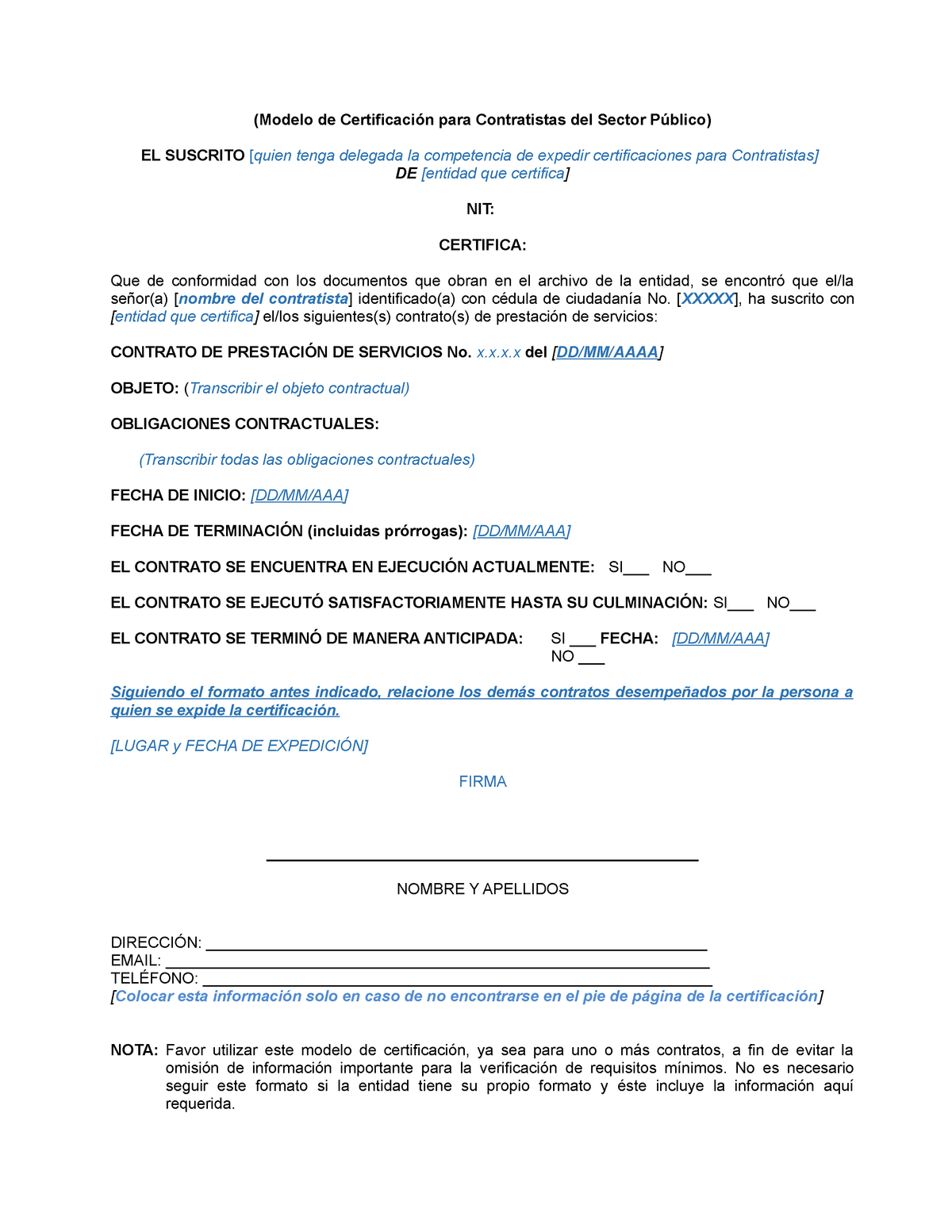 Modelo certificado Contratistas - (Modelo de Certificación para  Contratistas del Sector Público) EL - Studocu