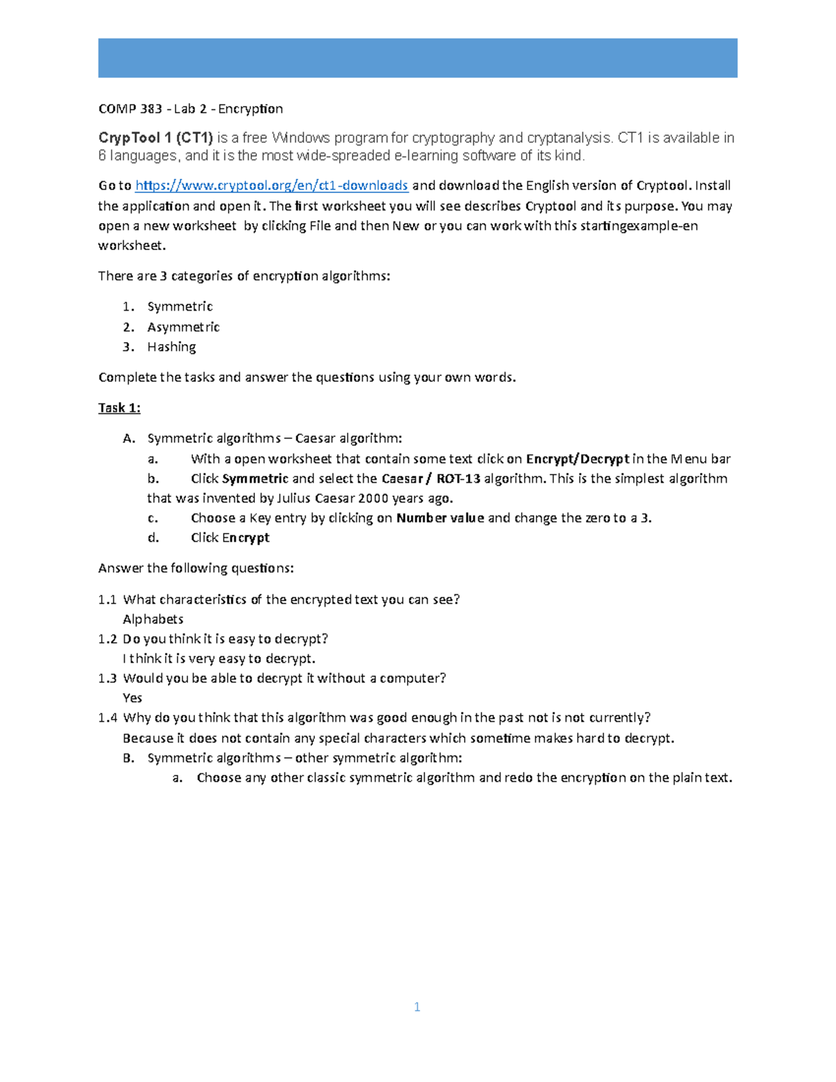 Lab 2 - Encryption (1) (1) Comp383 - COMP 383 - Lab 2 - Encryption ...