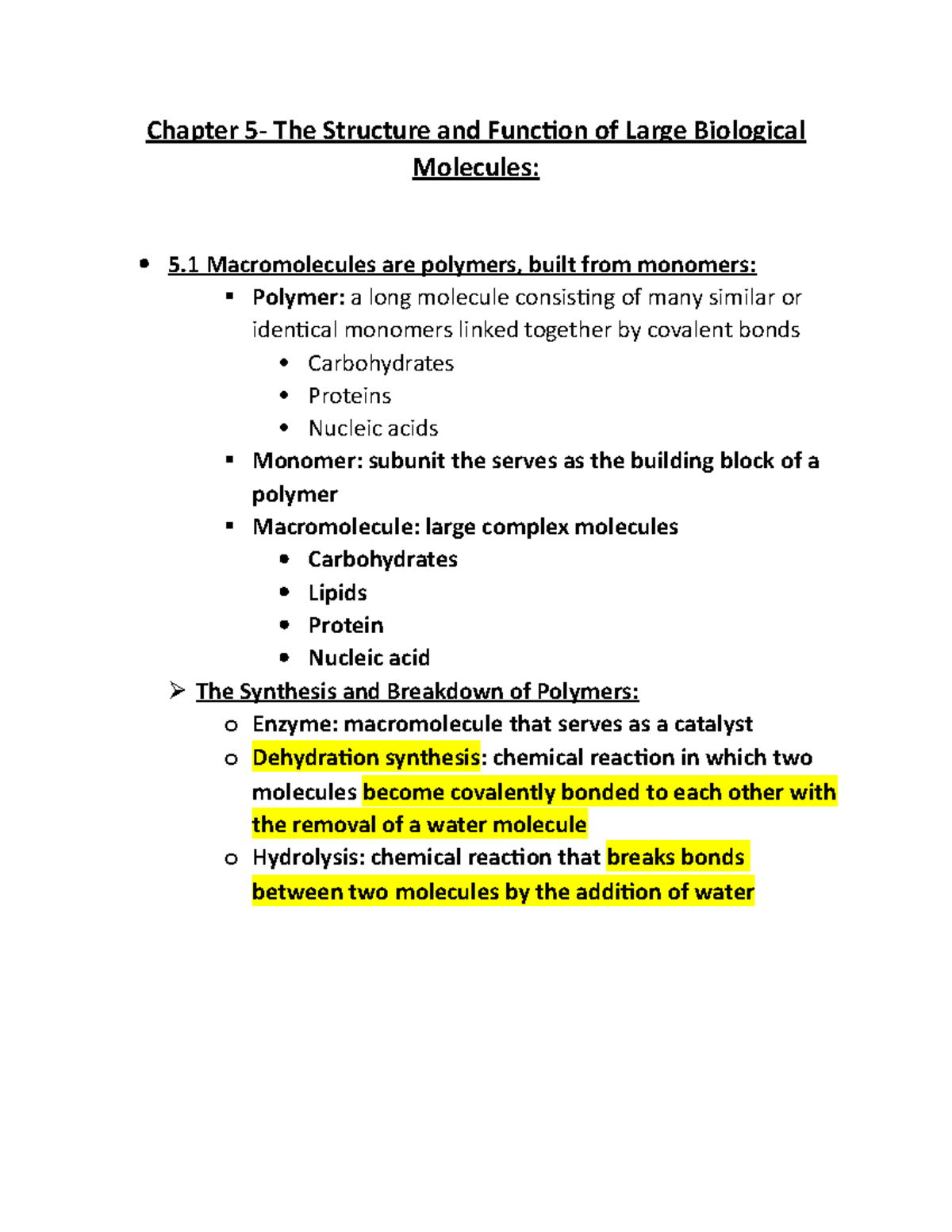 Chapter 5 Notes Chapter 5 The Structure and Function of Large