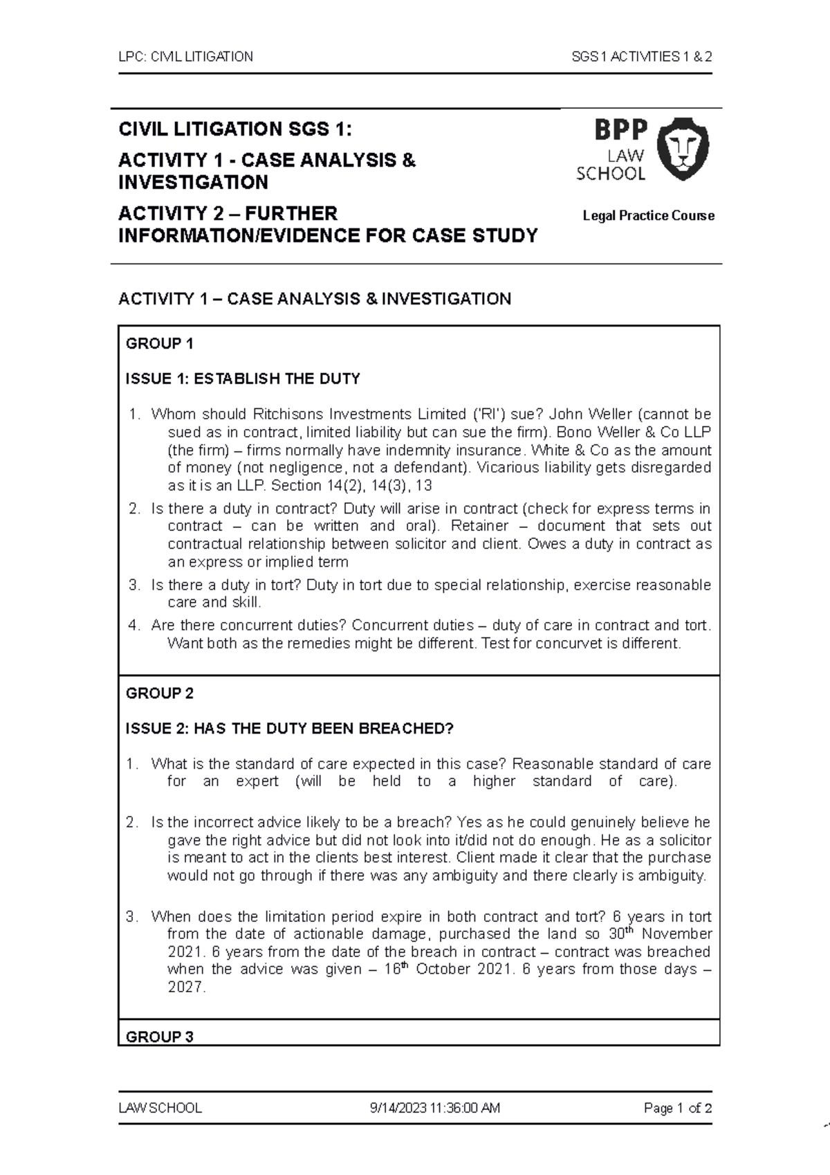 Civil Litigation SGS 1 Activities 1 And 2 - LPC: CIVIL LITIGATION SGS 1 ...