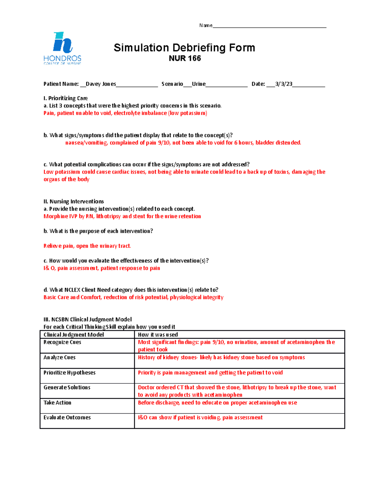 Simulation Debriefing Form Example - Simulation Debriefing Form NUR 166 ...