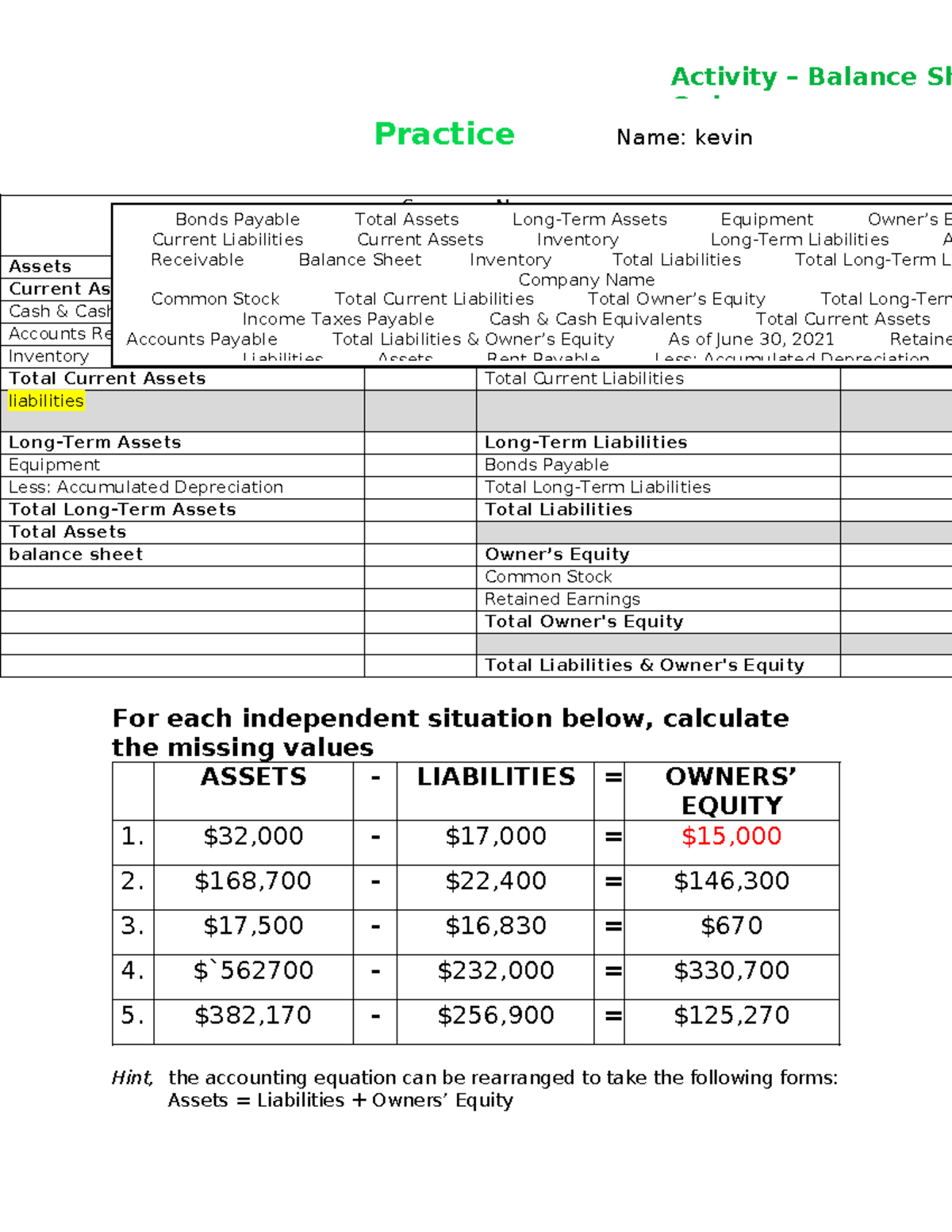 1.6.3a Assignment - Balance Sheet Practice Assignment - Balance Sheet ...