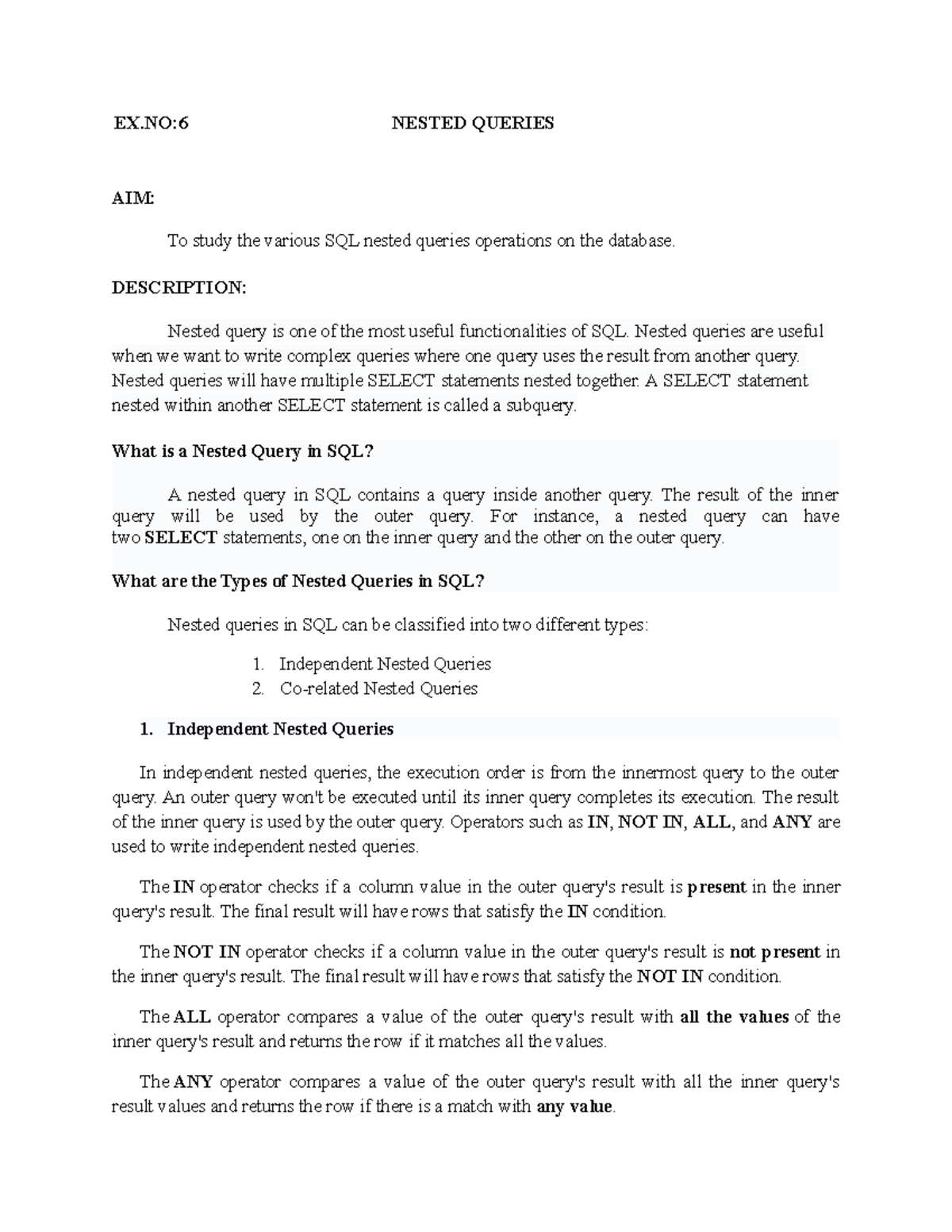 dbms-lab-manual-ex-6-nested-queries-aim-to-study-the-various-sql-nested-queries-operations-on