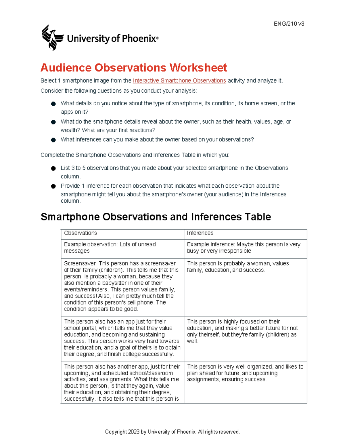 Eng210 v3 wk1 audience observations worksheet - ENG/210 v Audience ...