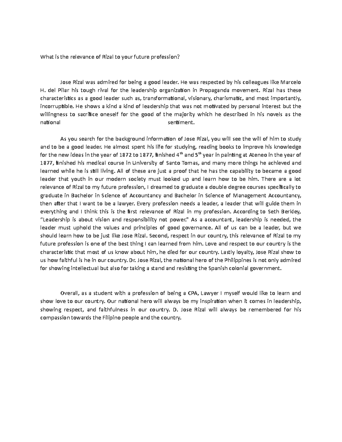 personal essay about relevance of the rizal course