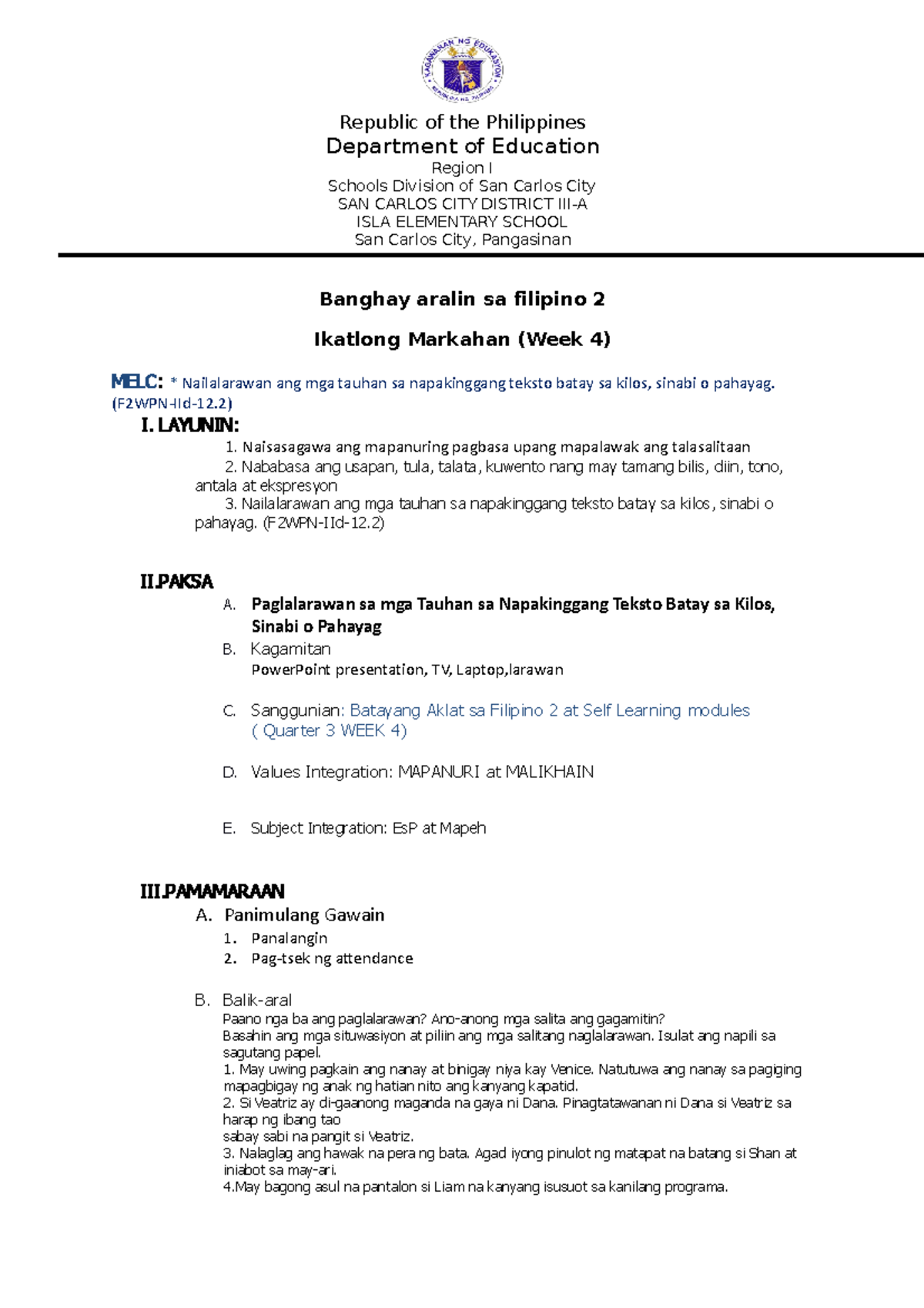 Cot 2 Demo Lesson Plan In Filipino 2 Q3 Wk 4 2022 2023 Republic Of The Philippines Department 4788