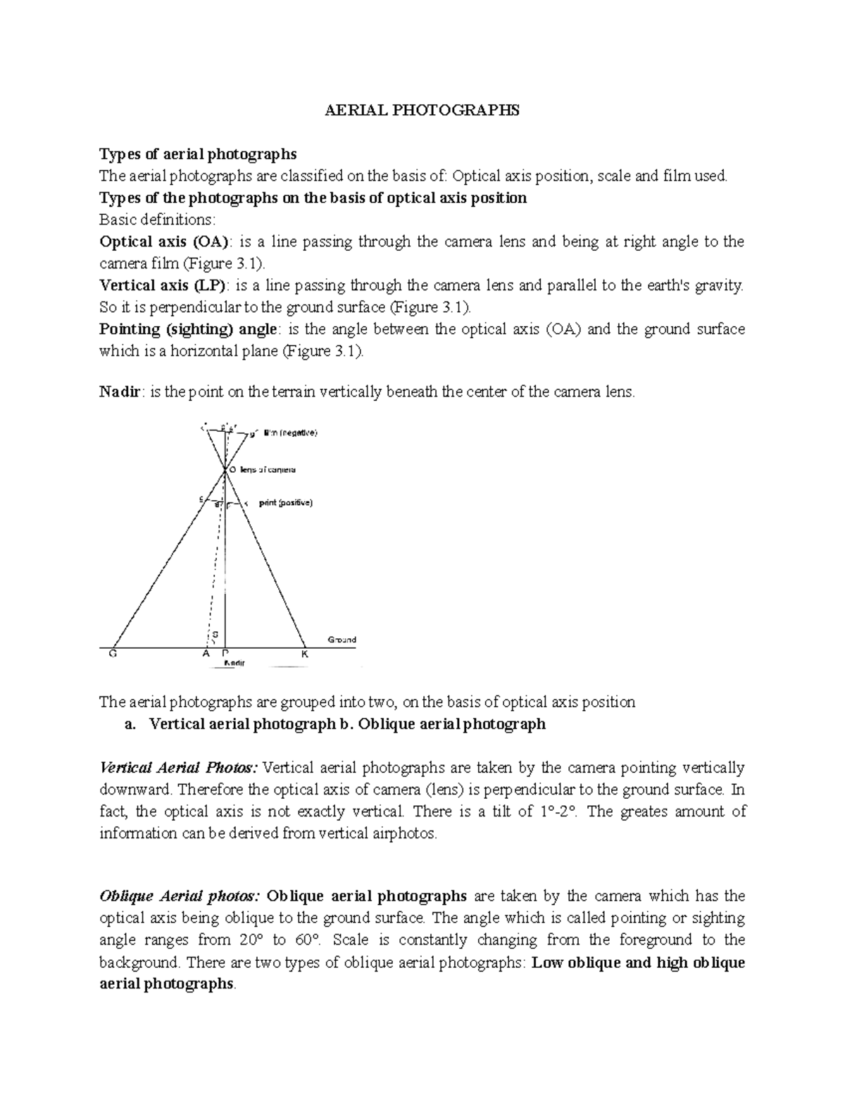 Vertical photographs Study well AERIAL PHOTOGRAPHS Types of aerial