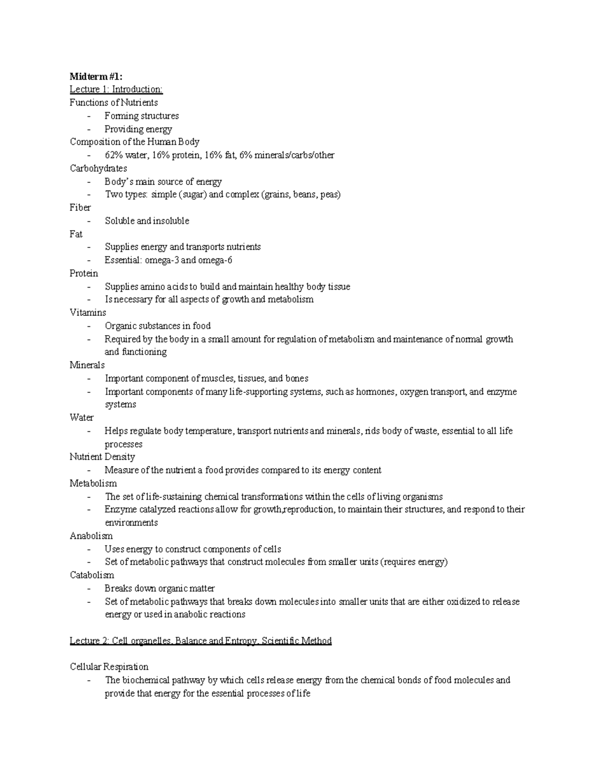 Nutri Sci Final Notes - Midterm #1: Lecture 1: Introduction: Functions ...