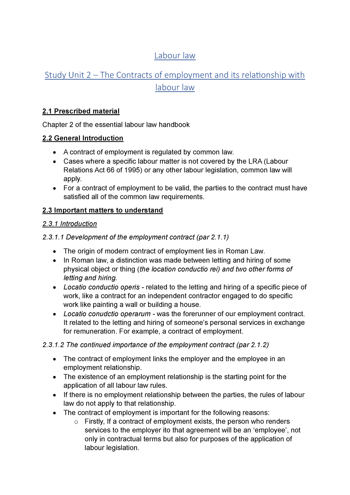 Labour law Notes - Labour law Study Unit 2 – The Contracts of ...