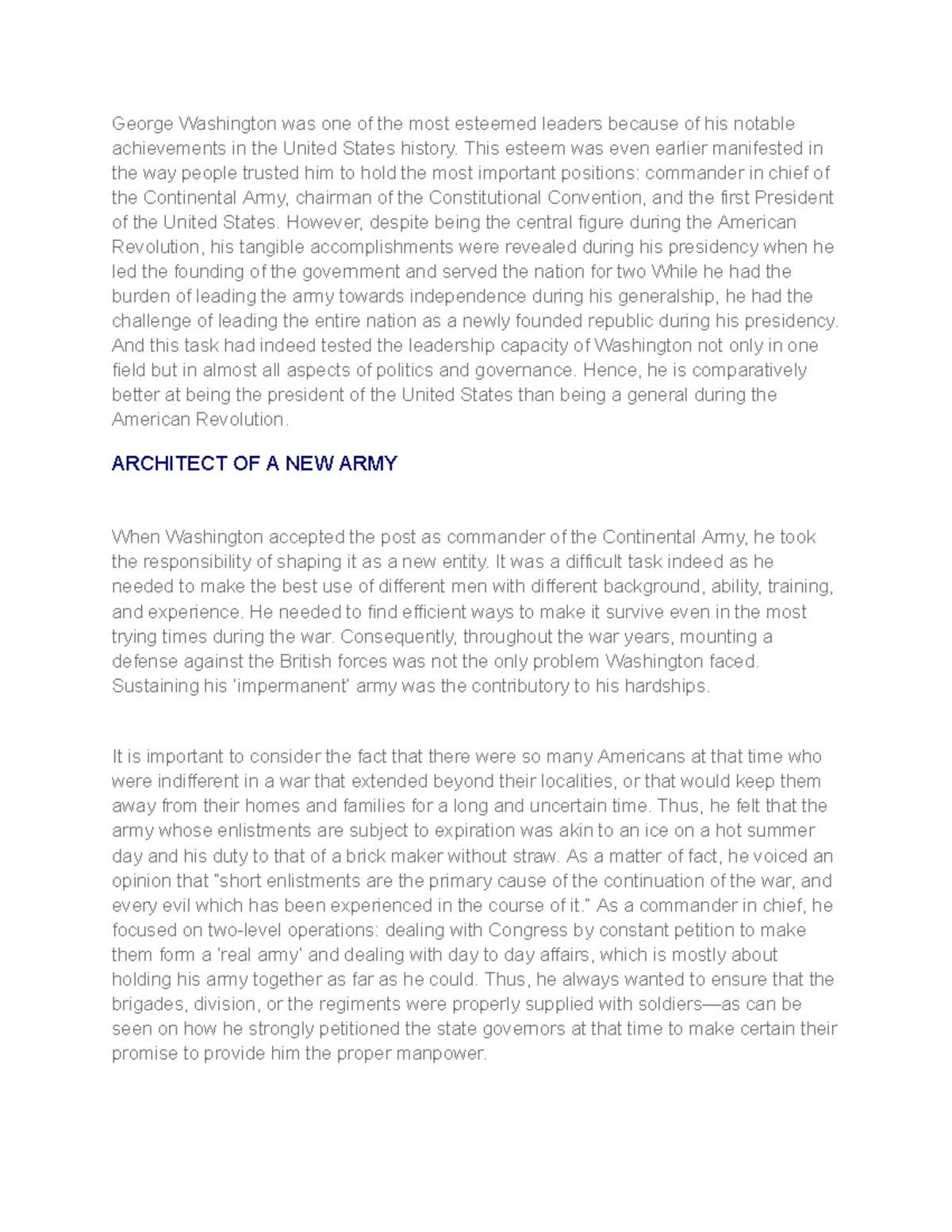 Washington A Better President than a General Essay