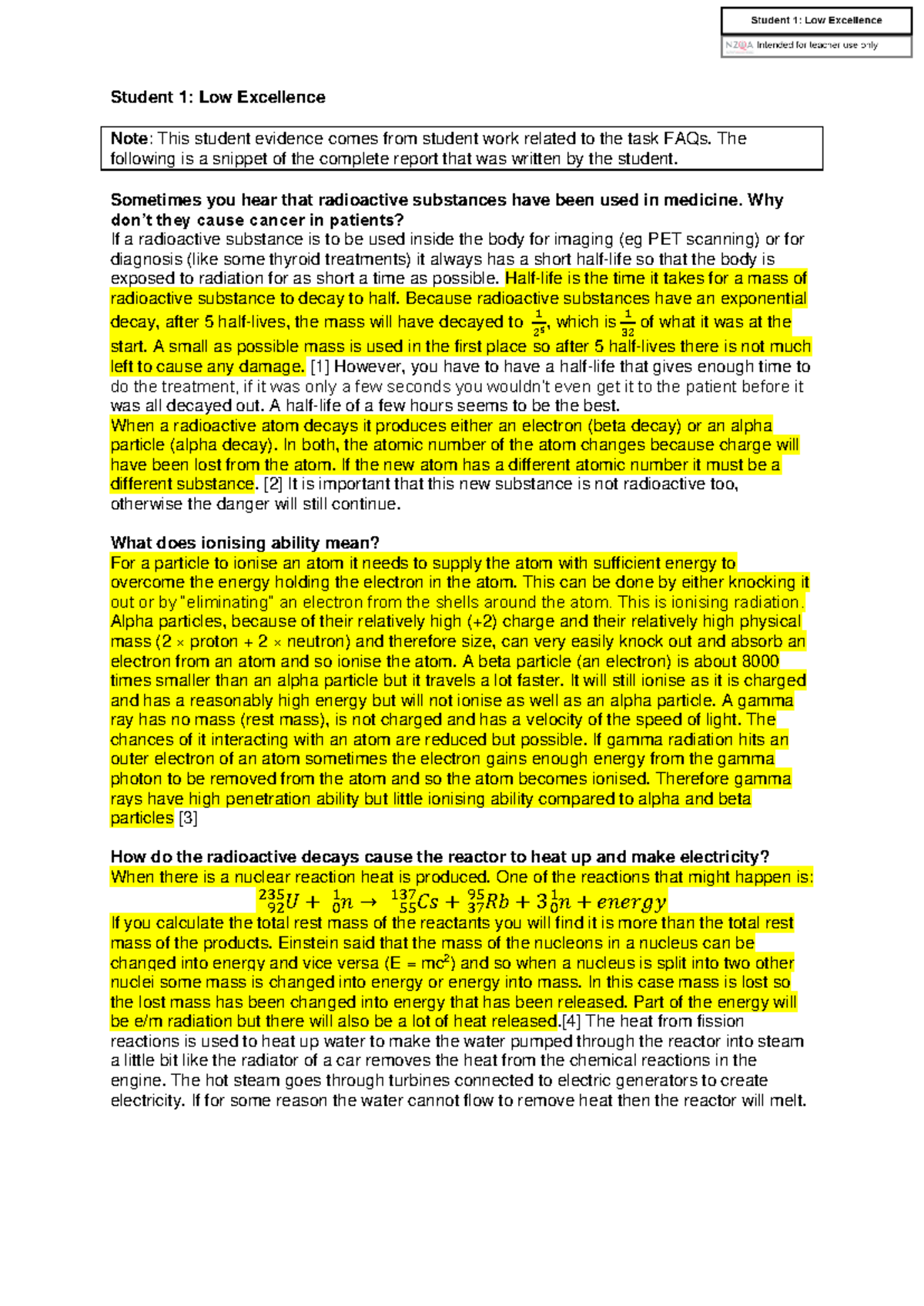 91172 EXP student 1 001 - Student 1: Low Excellence Note: This student ...