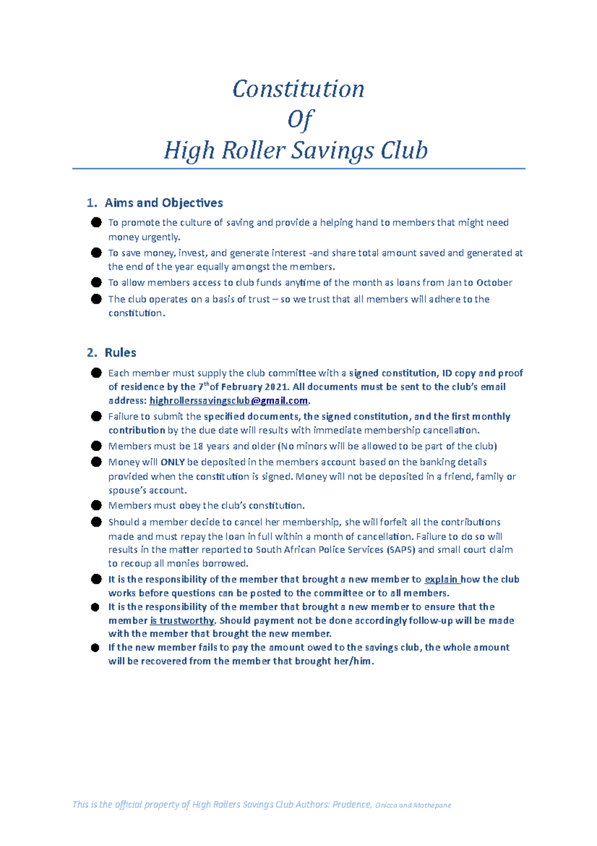 2021 Constitution High Rollers Saving Club Constitution Of High