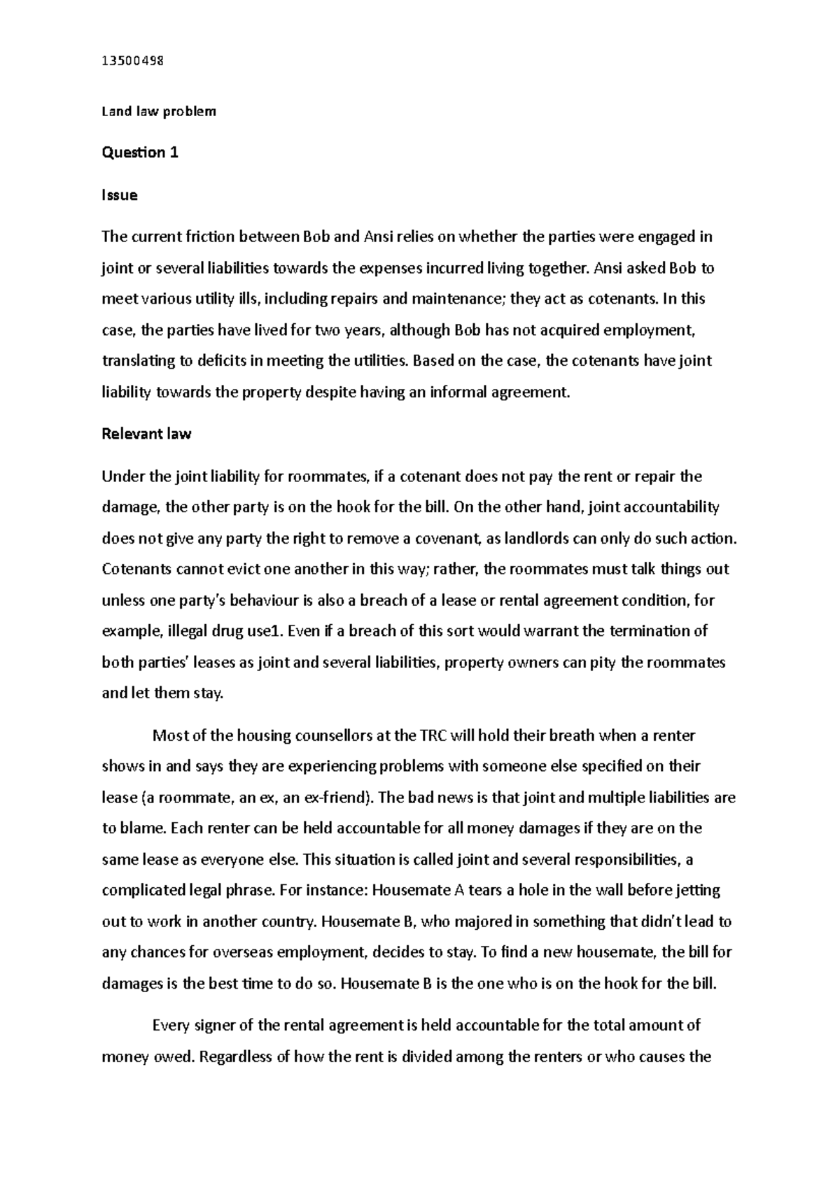 Land Law PQ 13500498 example pq low mark quality Land law problem